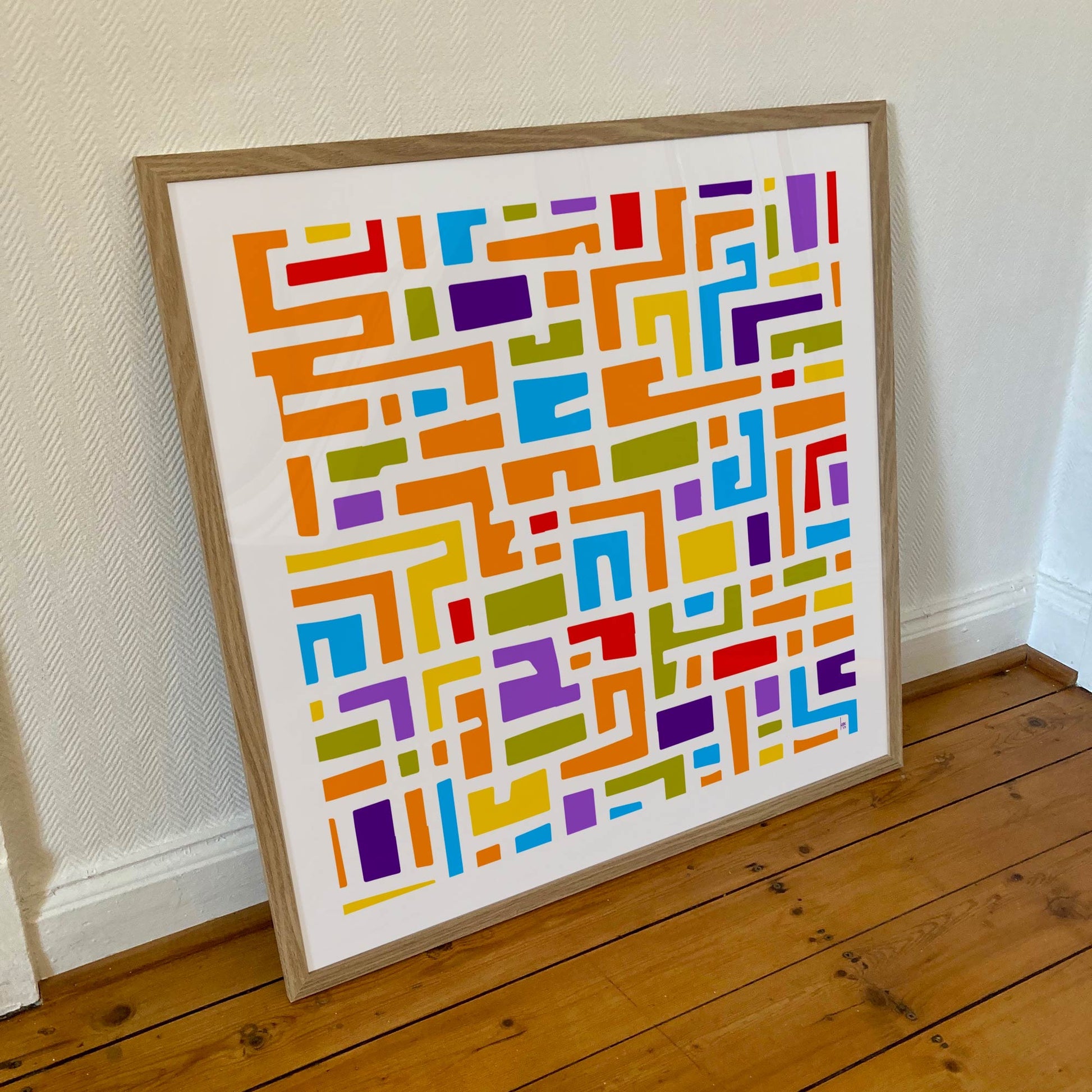 "Mon Quartier Le Jour". Tirage d'art encadré 70x70cm, papiers haut de gamme. Art contemporain abstrait et achat en ligne, un labyrinthe coloré