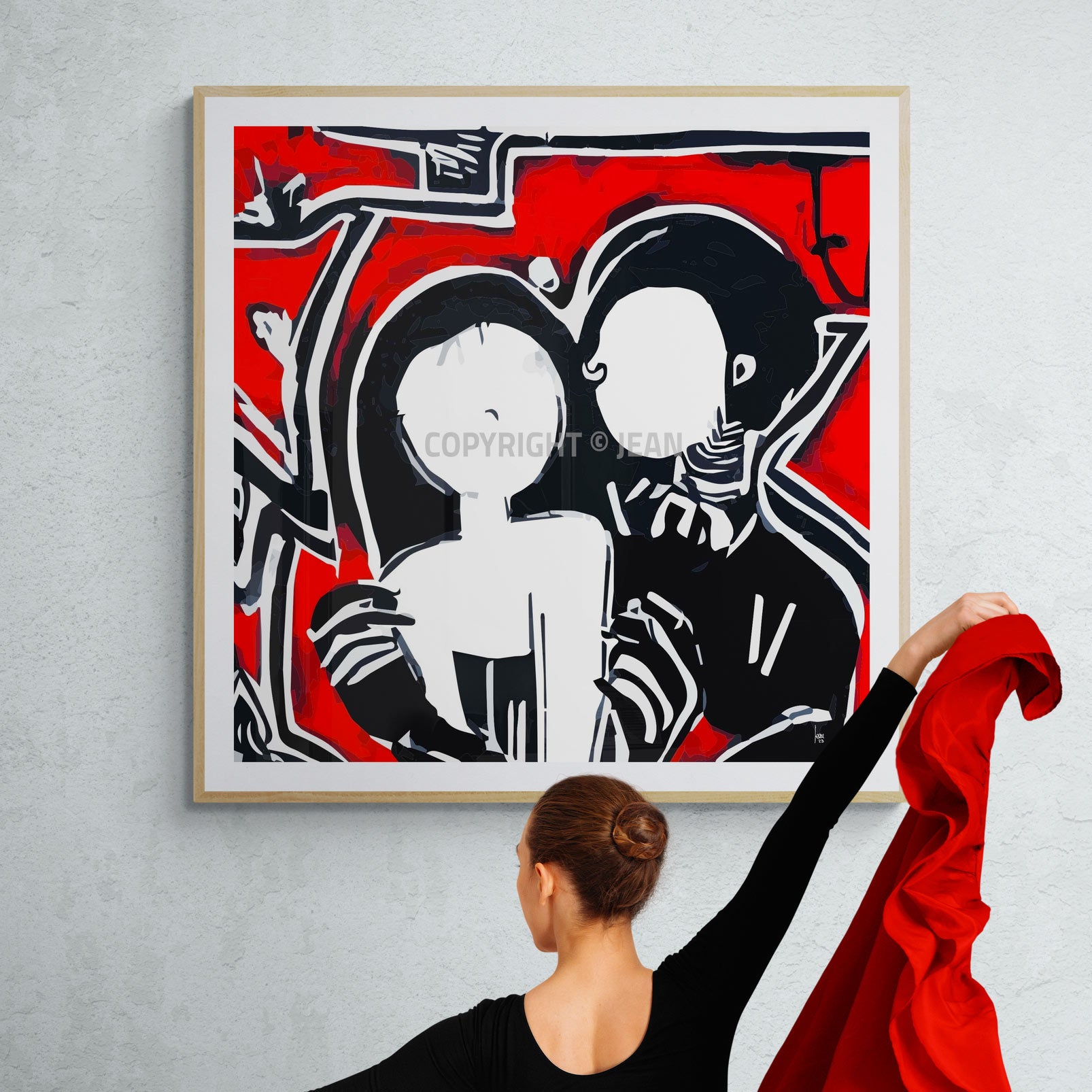 Tableau abstrait "Romeo & Juliet" encadré et exposé dans une galerie d'art - Tirage artistique haut de gamme, idéal pour une décoration élégante et émotionnelle