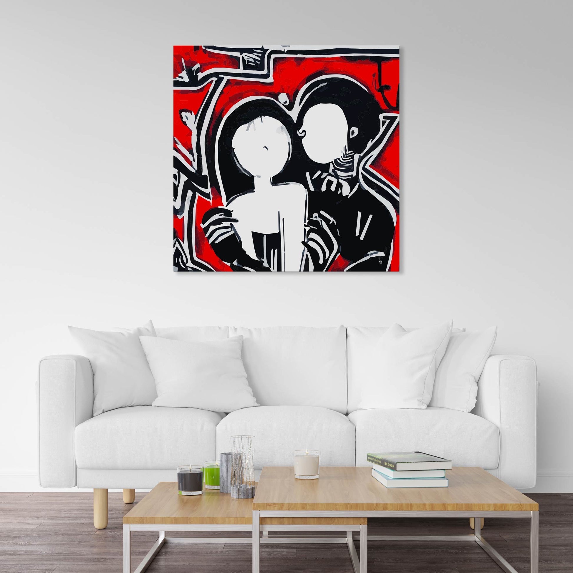 "Roméo et Juliette", tirage d'art haut de gamme. Art contemporain abstrait et achat en ligne, portrait d'un couple en noir et rouge exposé dans un séjour