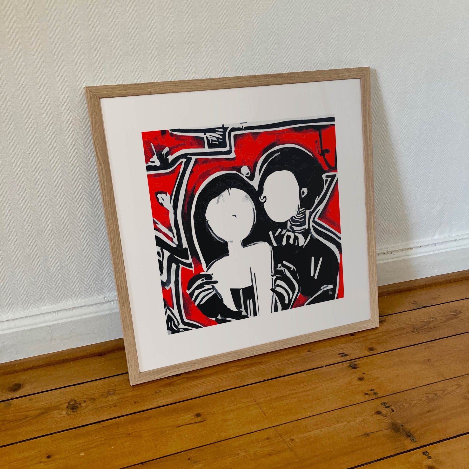 "Roméo et Juliette" tirage d'art sous cadre 50x50cm, papiers haut de gamme. Art contemporain abstrait et achat en ligne, portrait d'un couple en noir et rouge