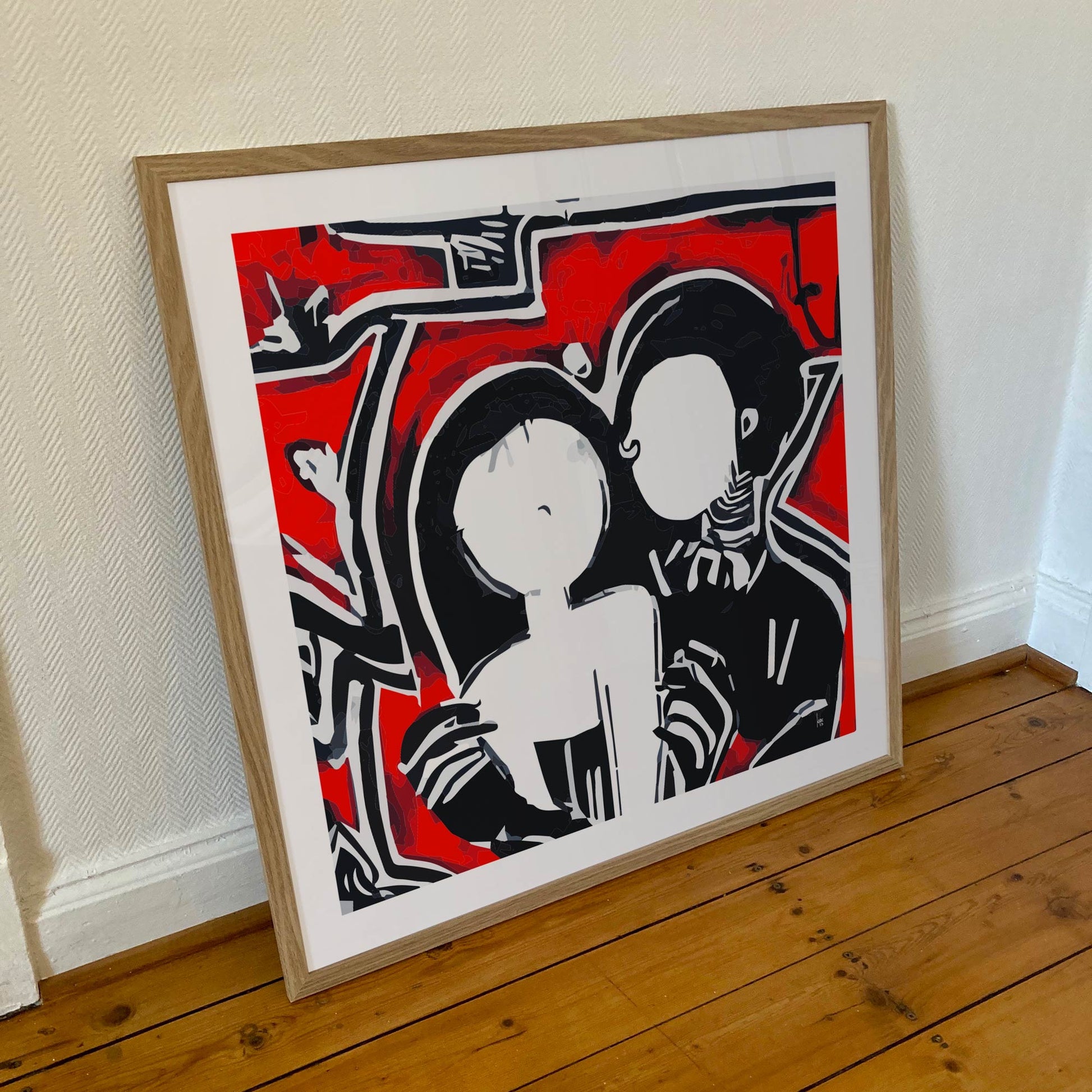 "Roméo et Juliette" tirage d'art sous cadre 70x70cm, papiers haut de gamme. Art contemporain abstrait et achat en ligne, portrait d'un couple en noir et rouge