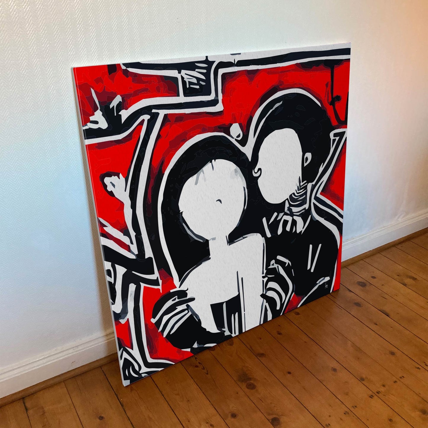 "Roméo et Juliette" tirage d'art sur toile et châssis bois 100x100cm, matériaux haut de gamme. Art contemporain abstrait et achat en ligne, portrait d'un couple en noir et rouge