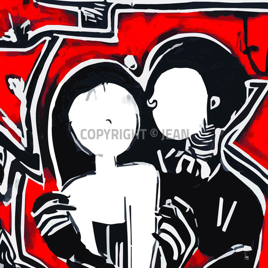 "Roméo et Juliette" tirage d'art haut de gamme. Art contemporain abstrait et achat en ligne, portrait d'un couple en noir et rouge