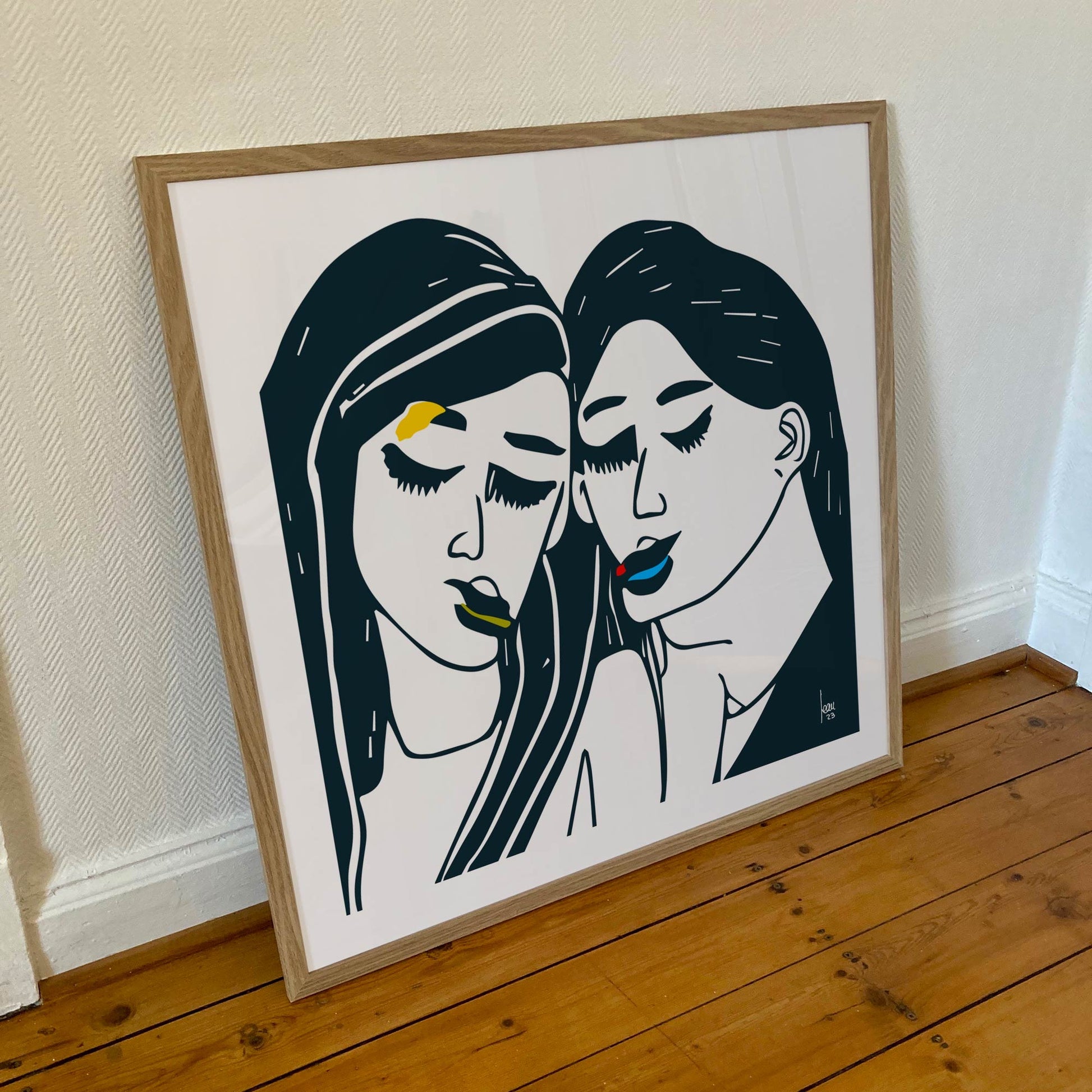 "Les Nymphes" tirage d'art encadré 70x70cm, papier haut de gamme. Art contemporain abstrait et achat en ligne, deux personnages féminins, noir, vert jaune et bleu