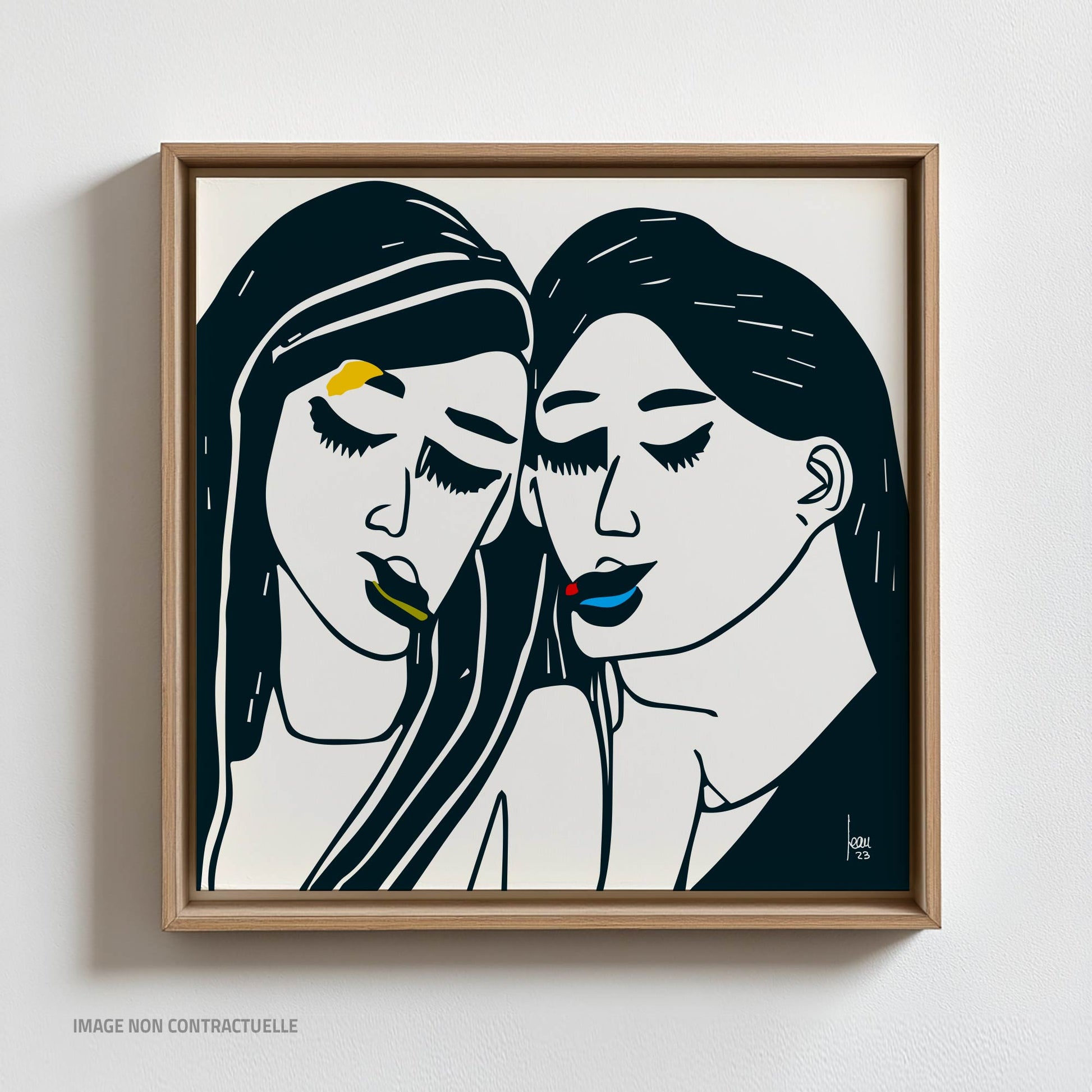 Mon oeuvre "Les Nymphes" - tirage d'art sur cadre flottant 110x110 cm, art contemporain abstrait de deux figures féminines en noir, vert, jaune et bleu