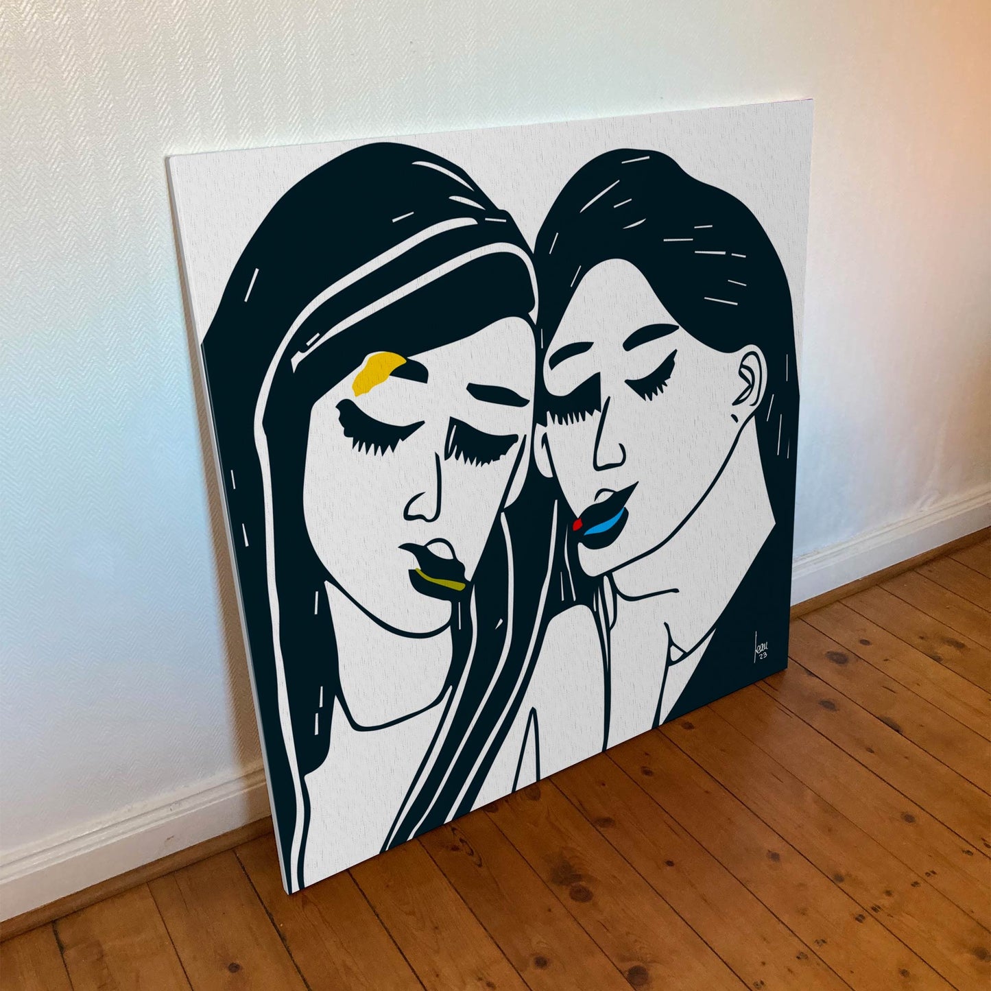 "Les Nymphes" tirage d'art sur toile et châssis bois 100x100cm, matériaux haut de gamme. Art contemporain abstrait et achat en ligne, deux personnages féminins, noir, vert