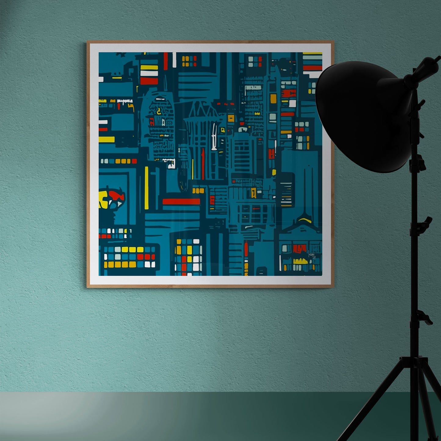 Mon oeuvre "City Lights" encadrée, art urbain contemporain exposé dans un studio photo