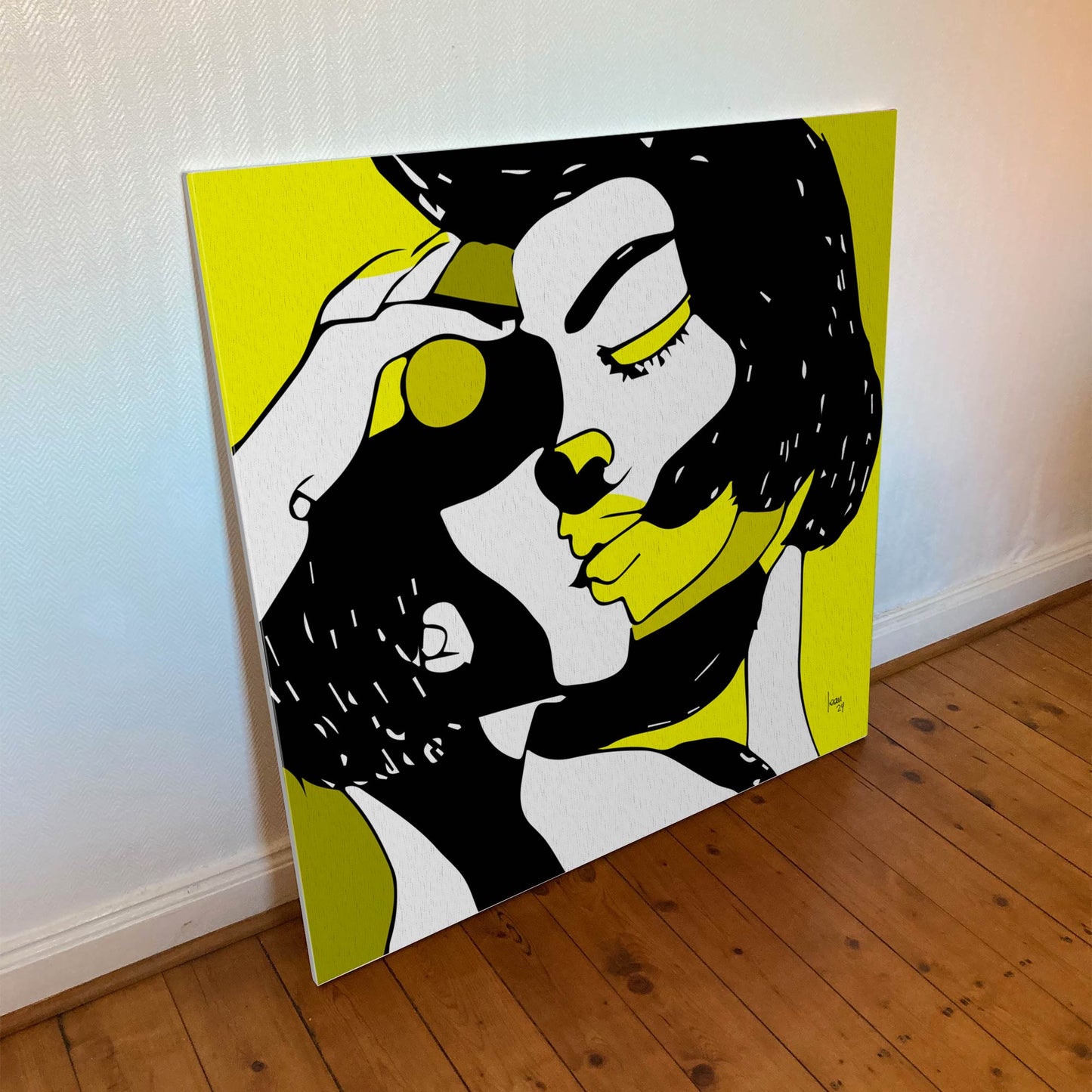 "La Tendresse" tirage d'art sur toile et châssis bois 100x100cm, papier haut de gamme. Art contemporain abstrait et achat en ligne, deux personnages qui s'embrassent noirs et jaunes