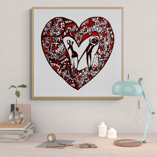 "Cœur à Cœur", tirage d'art encadré, format 50x50 cm. Art contemporain abstrait exposé dans un salon design