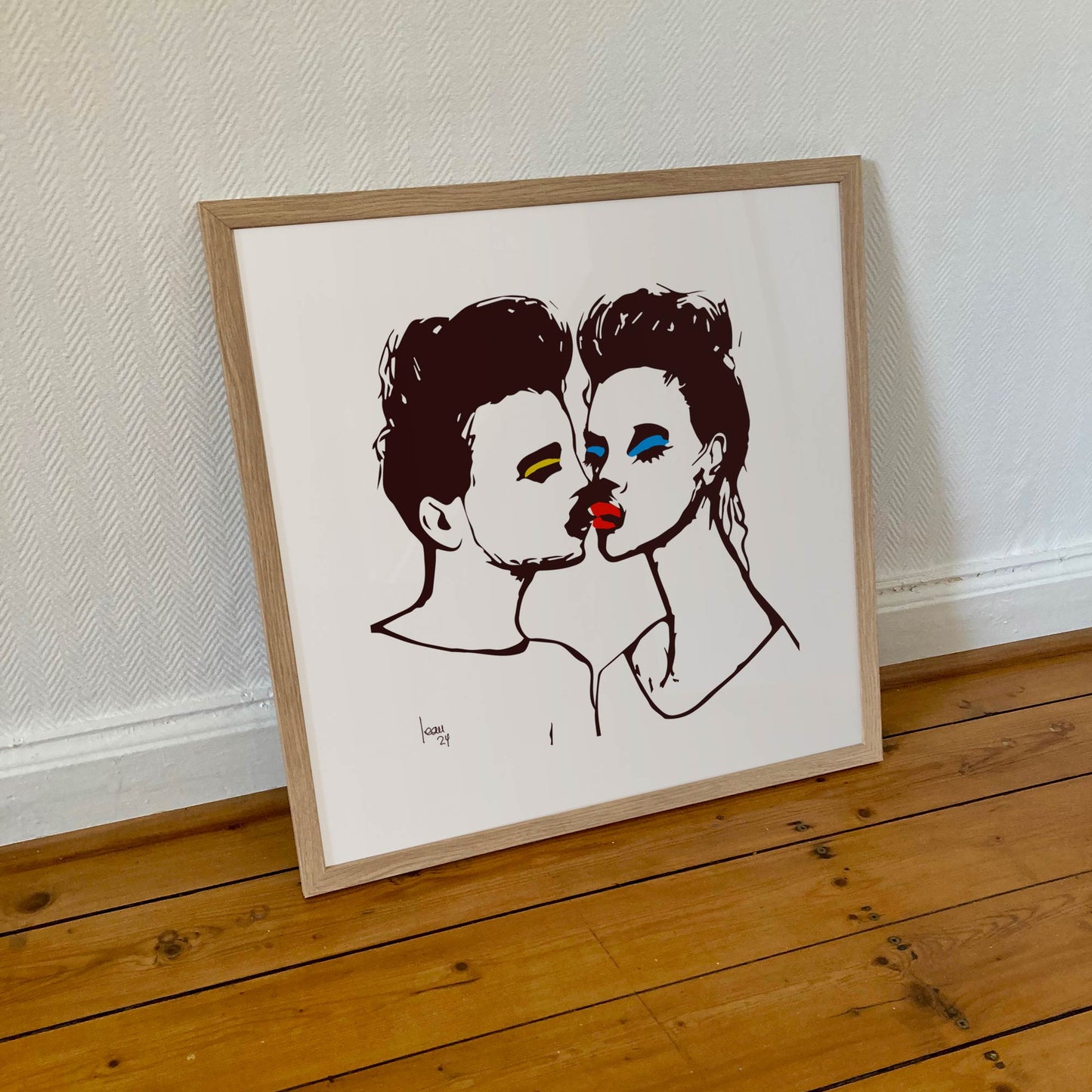 "The Kiss" tirage d'art sous cadre 50x50cm,  papiers haut de gamme. Art contemporain abstrait et achat en ligne, le portrait d'un couple qui s'embrasse, des noirs, jaunes, bleus et rouges