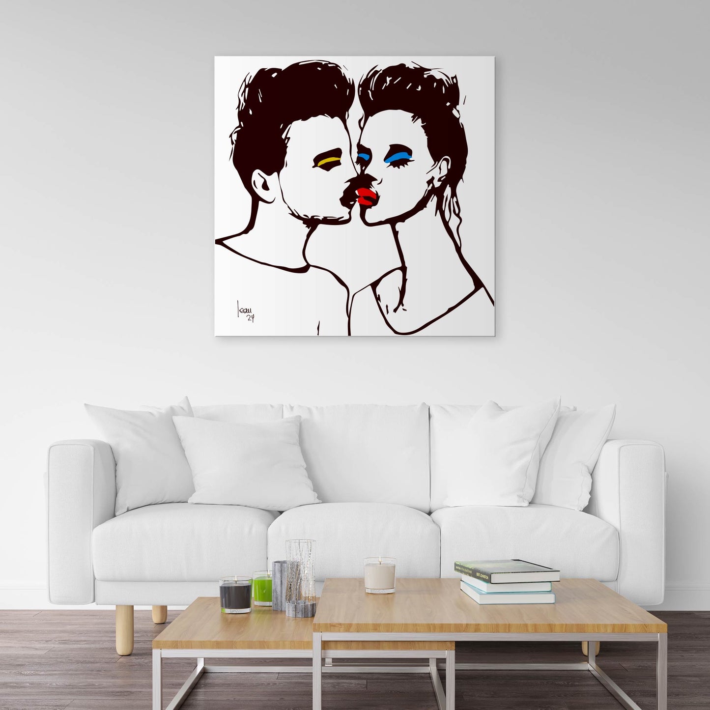 "The Kiss", tirage d'art haut de gamme. Art contemporain abstrait et achat en ligne, le portrait d'un couple qui s'embrasse, des noirs, jaunes, bleus et rouges exposé dans un séjour