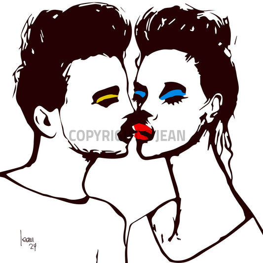 "The Kiss" tirage d'art haut de gamme. Art contemporain abstrait et achat en ligne, le portrait d'un couple qui s'embrasse, des noirs, jaunes, bleus et rouges