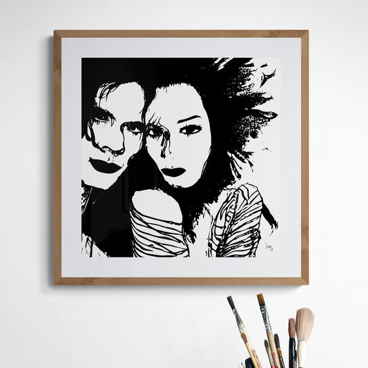 Tirage d'art "Lila and Jim" encadré exposé dans un salon moderne, portrait noir et blanc, création numérique haut de gamme.