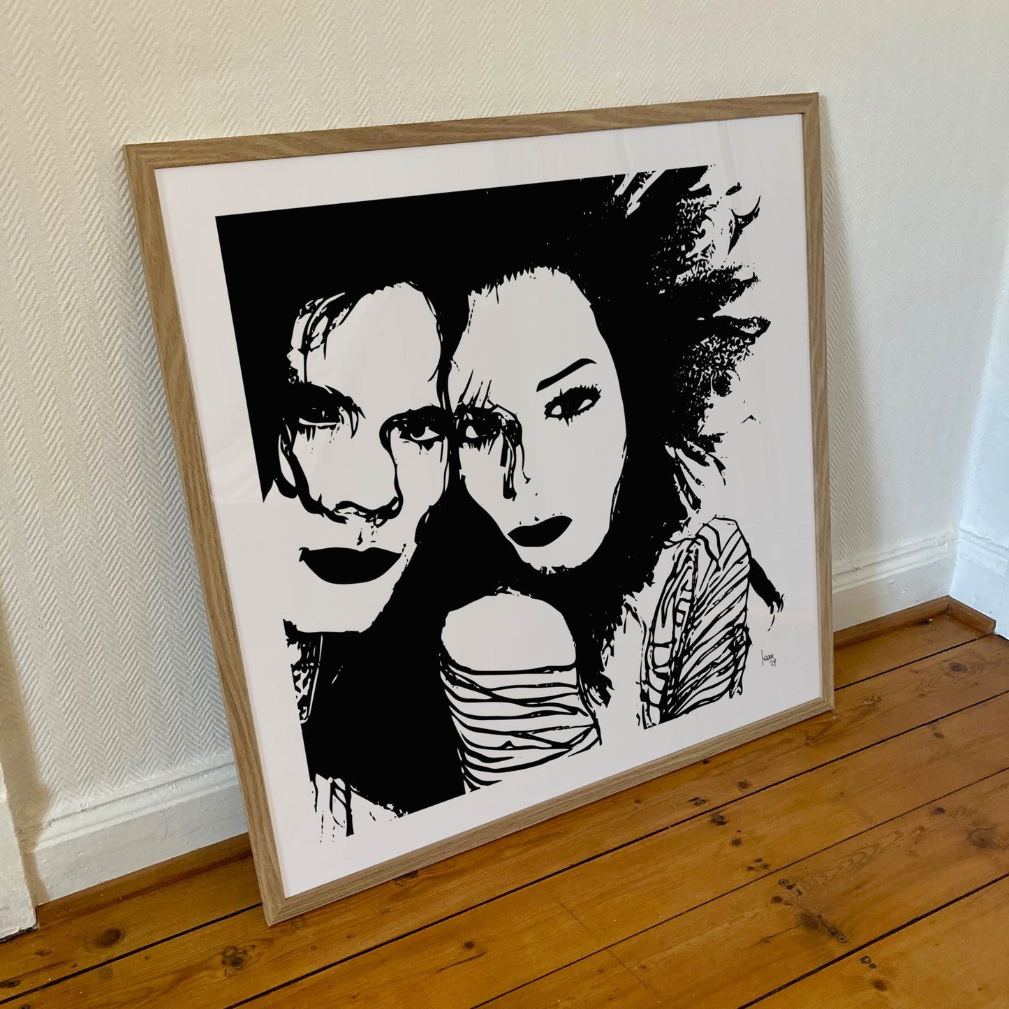 "Lila and Jim" tirage d'art sous cadre 70x70cm," papiers haut de gamme. Art contemporain abstrait et achat en ligne, portrait monochrome noir d'un couple