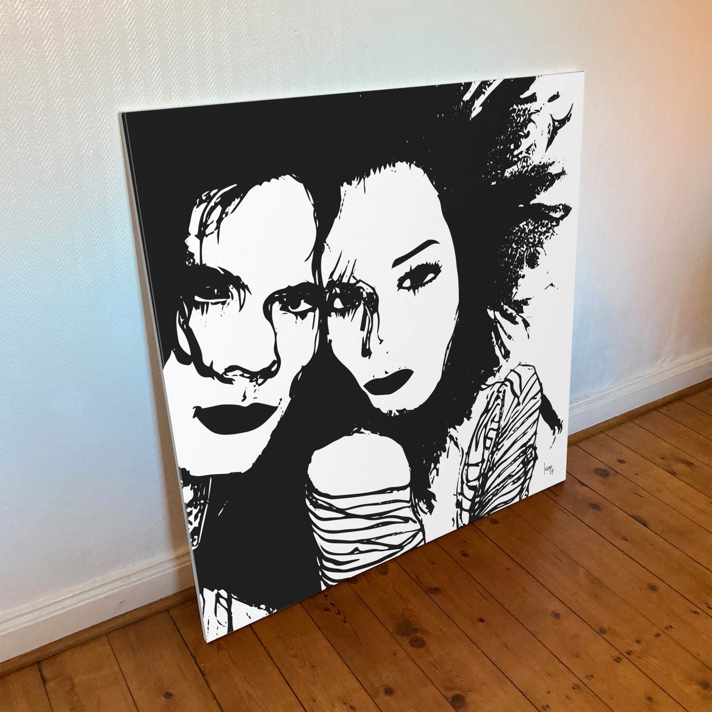 "Lila and Jim" tirage d'art sur toile et châssis bois 100x100cm," qualité haut de gamme. Art contemporain abstrait et achat en ligne, portrait monochrome noir d'un couple