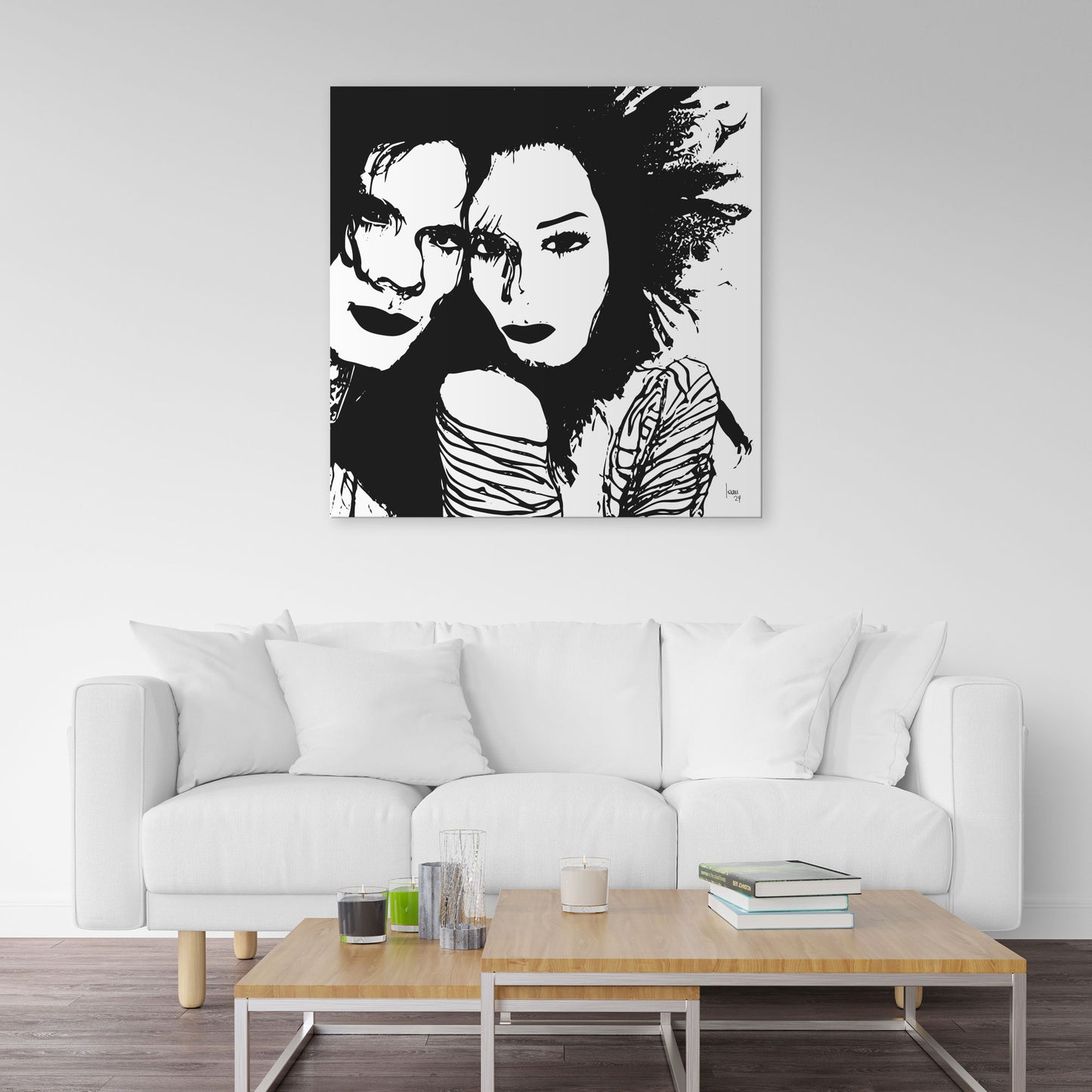 "Lila and Jim"" tirage d'art haut de gamme. Art contemporain abstrait et achat en ligne, portrait monochrome noir d'un couple exposé dans un séjour canapé