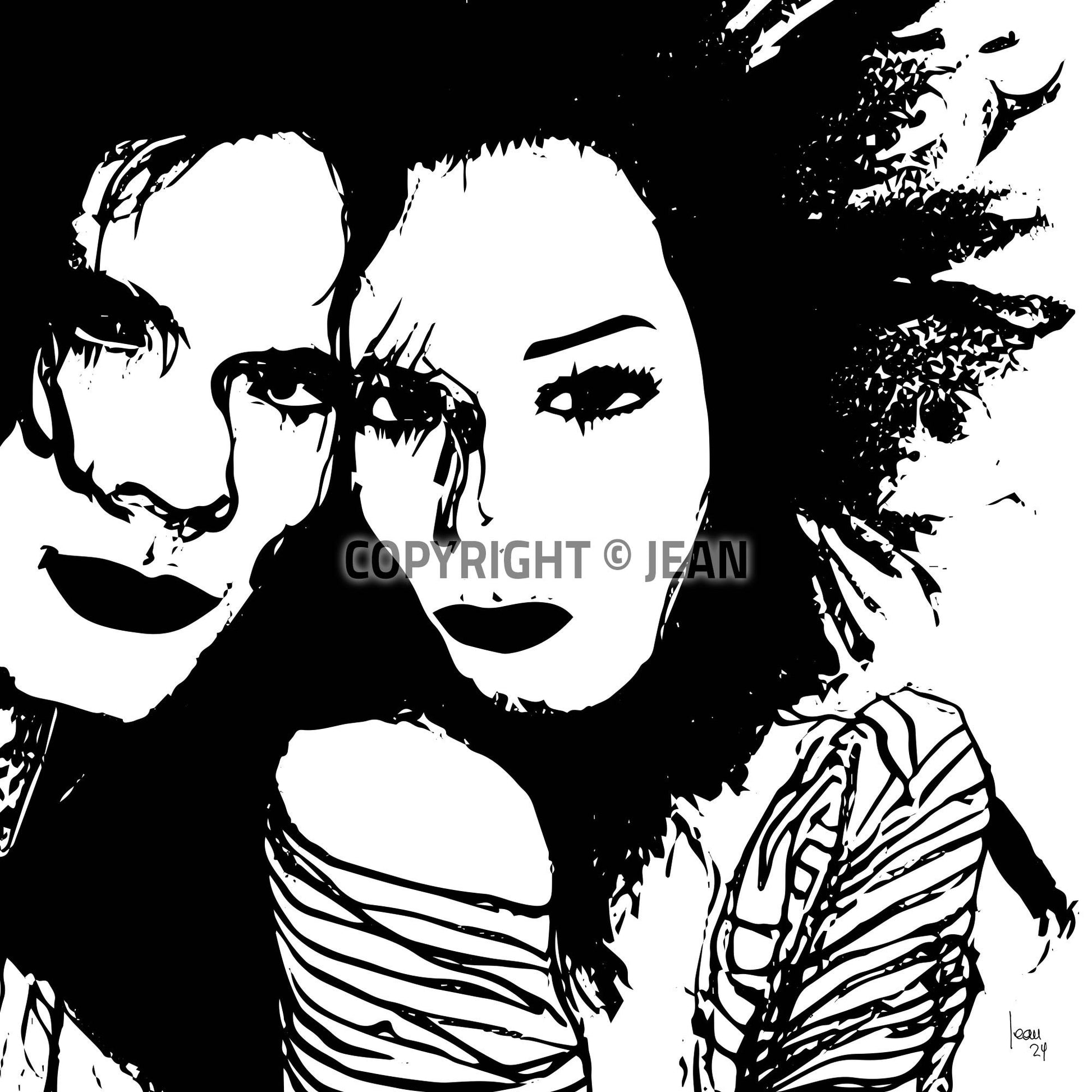 "Lila and Jim" tirage d'art haut de gamme. Art contemporain abstrait et achat en ligne, portrait monochrome noir d'un couple