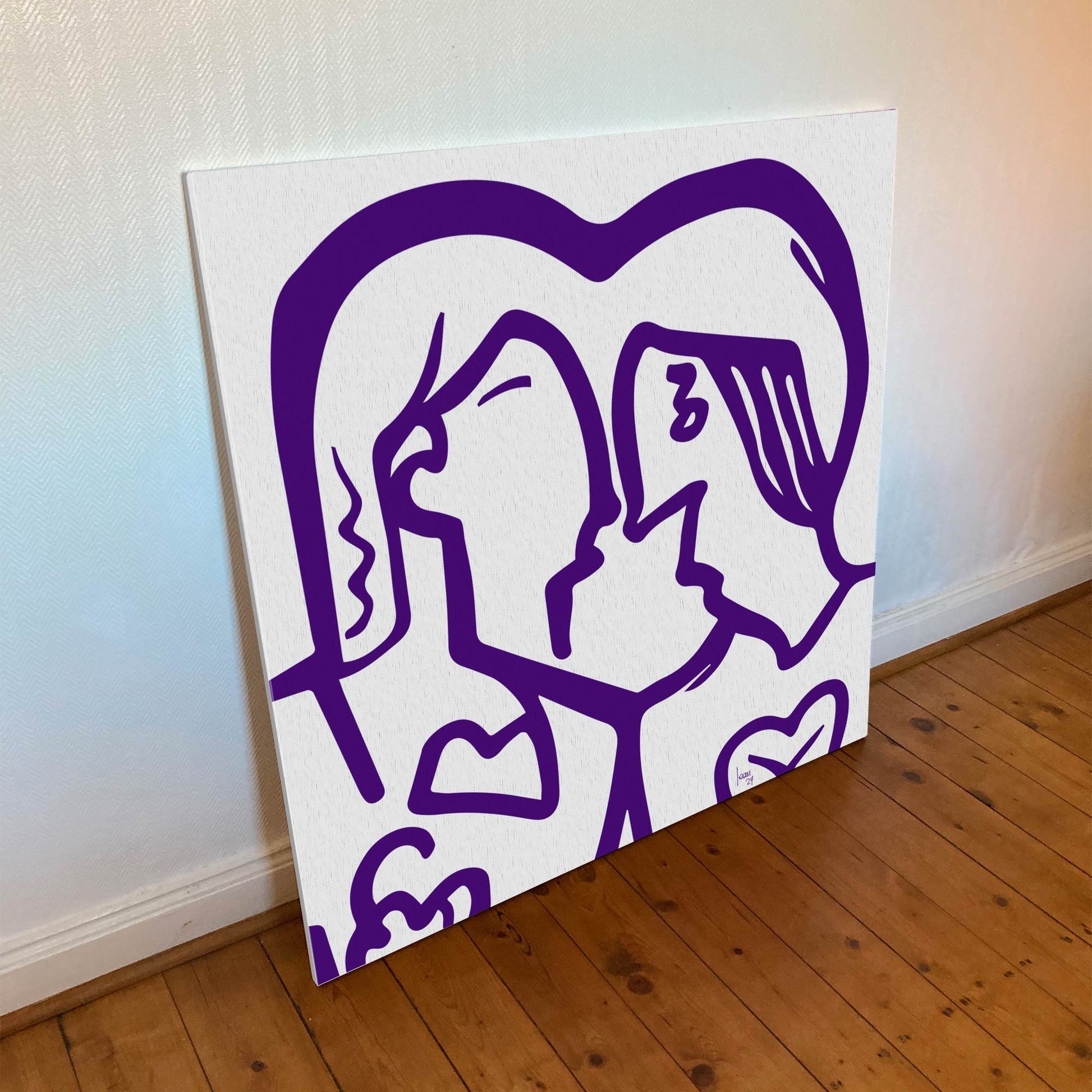 Œuvre 'PATTY & SMITH' imprimée sur toile Hahnemühle Canvas Goya 340g, portrait monochrome de deux visages mauves stylisés s’embrassant avec cœurs abstraits, lignes fluides modernes, 2024