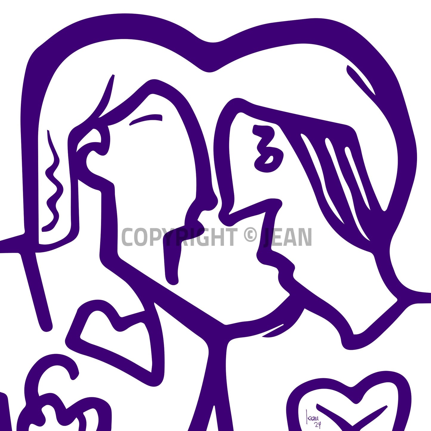 Œuvre d'art monochrome 'PATTY & SMITH' représentant deux visages stylisés mauves s’embrassant, entourés de cœurs abstraits, lignes fluides symbolisant l’amour et l’intimité, création 2024