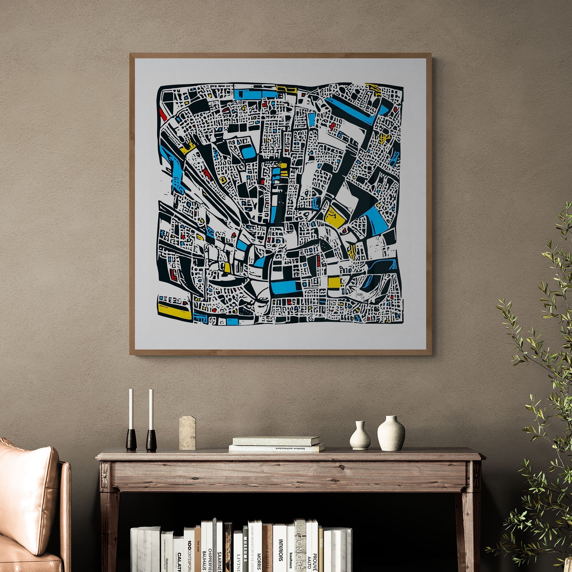 Tableau abstrait encadré "Downtown" intégré dans une décoration aux couleurs chaudes - Tirage d'art haut de gamme, parfait pour les intérieurs modernes