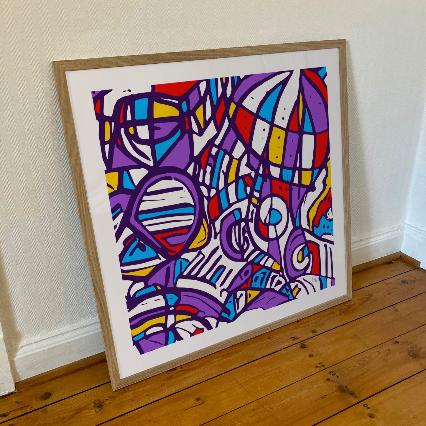 "Les Ballons" tirage d'art sous cadre, 70x70cm, papiers haut de gamme. Art contemporain abstrait et achat en ligne, un labyrinthe coloré