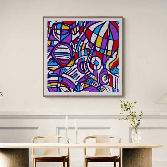 Mon oeuvre abstraite encadrée "Les Ballons" exposée dans un espace lumineux - Tirage d'art haut de gamme idéal pour une décoration joyeuse et contemporaine