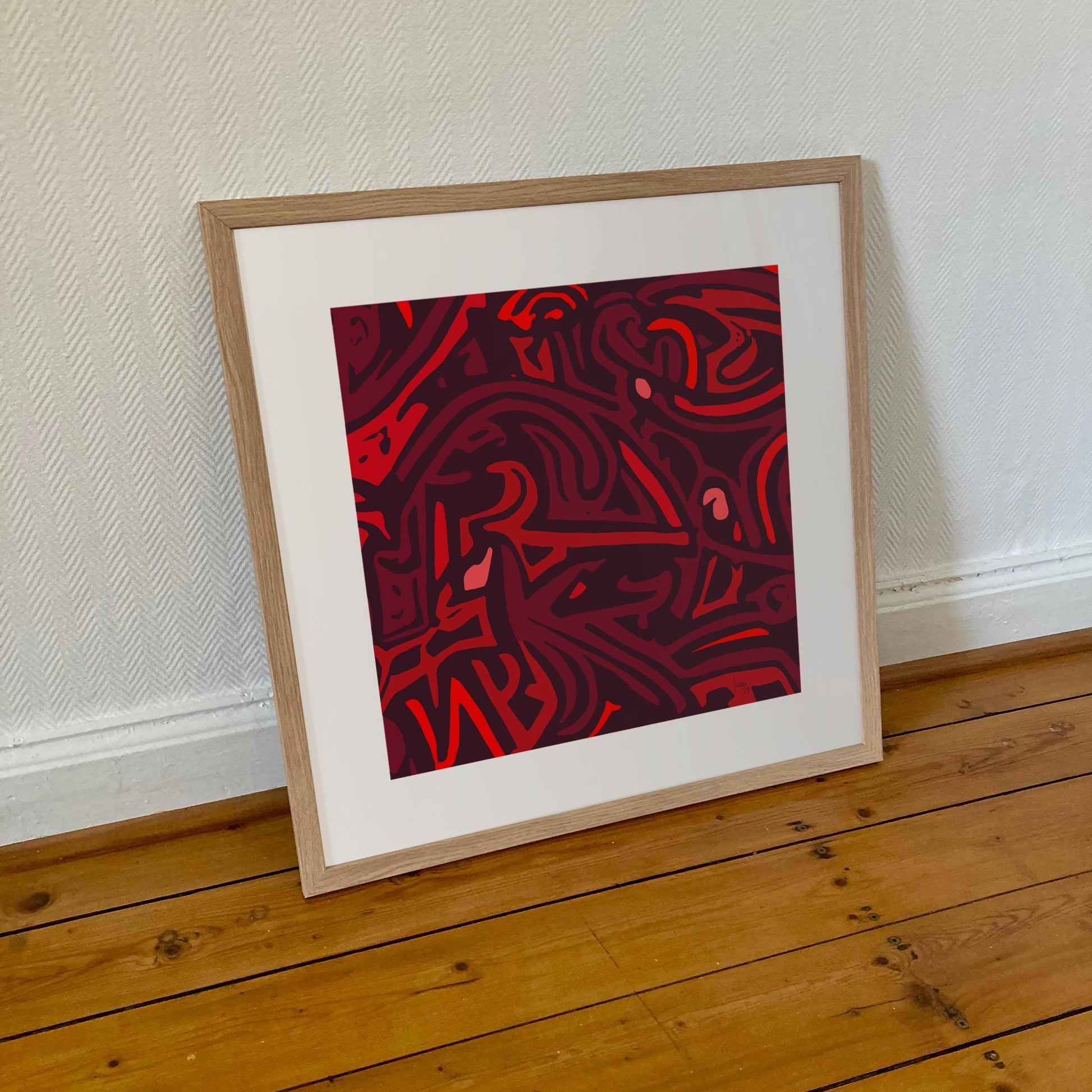 "Les Braises" tirage d'art sous cadre 50x50cm, papiers haut de gamme. Art contemporain abstrait et achat en ligne, format carré des braises rouges qui se consument