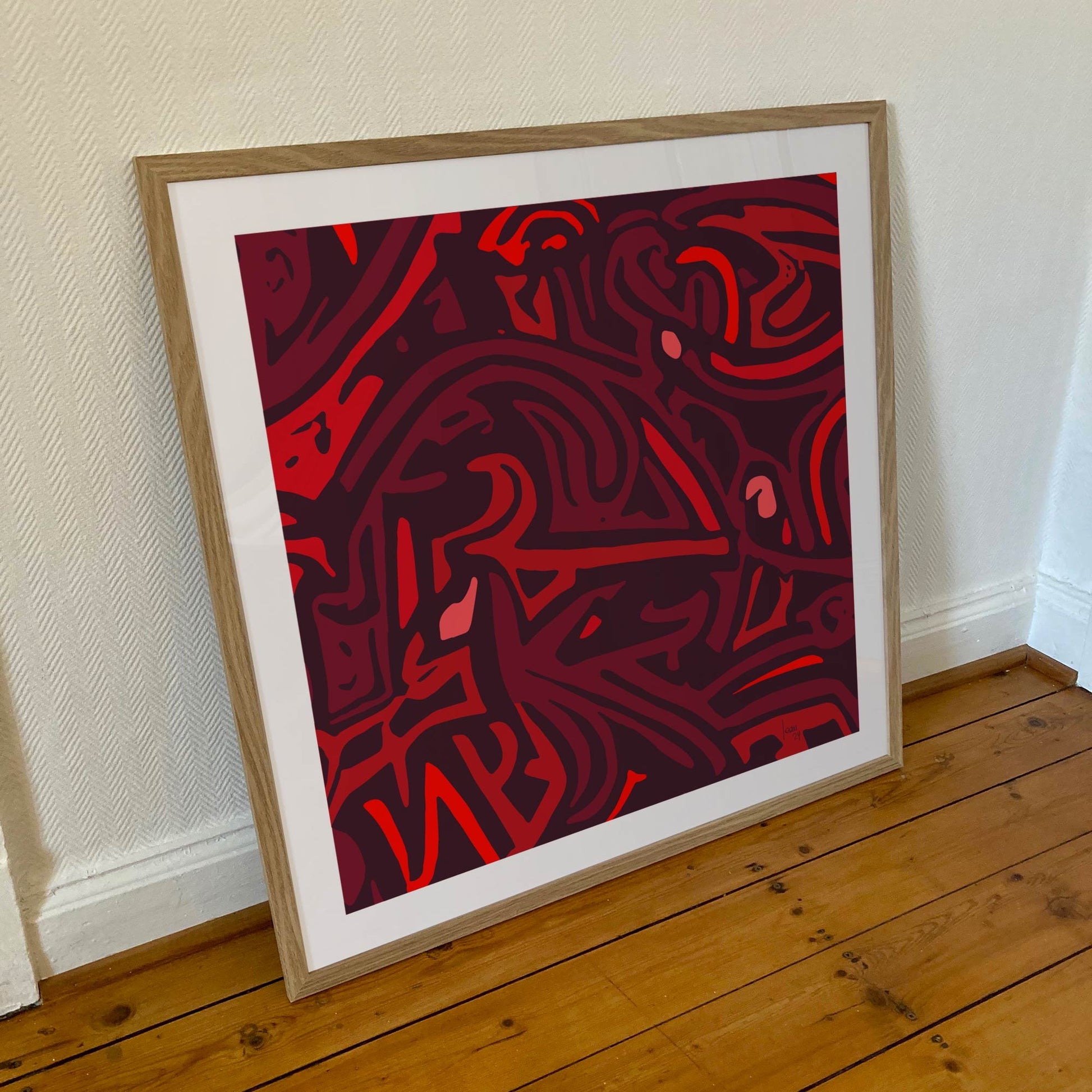 "Les Braises" tirage d'art sous cadre 70x70cm, papiers haut de gamme. Art contemporain abstrait et achat en ligne, format carré des braises rouges qui se consument