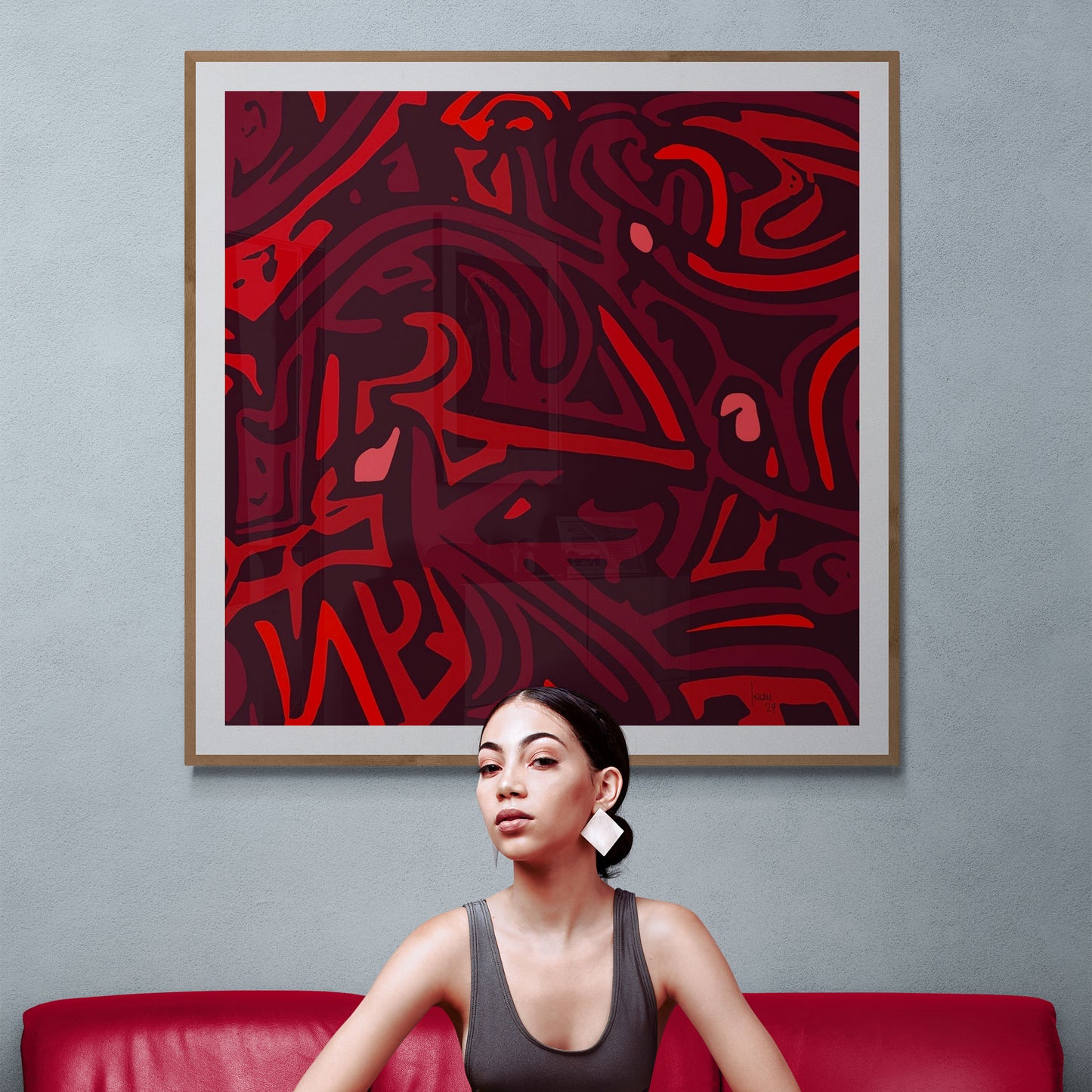 Mon tableau abstrait "Les Braises" exposé dans une galerie d'art - Tirage d'art premium, parfait pour une décoration chaleureuse et contemporaine