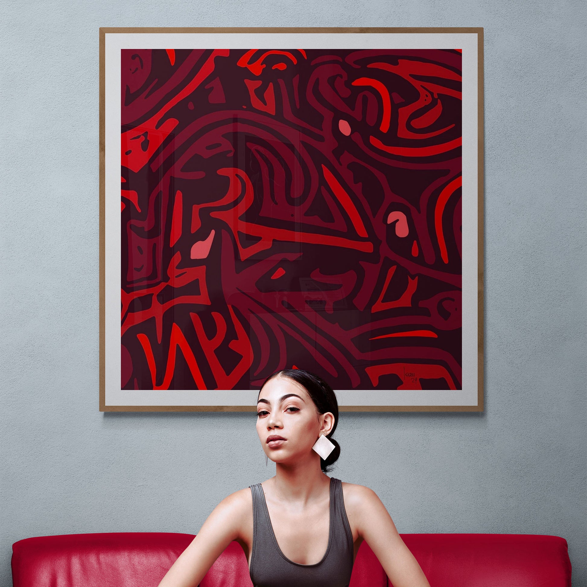 Mon tableau abstrait "Les Braises" exposé dans une galerie d'art - Tirage d'art premium, parfait pour une décoration chaleureuse et contemporaine