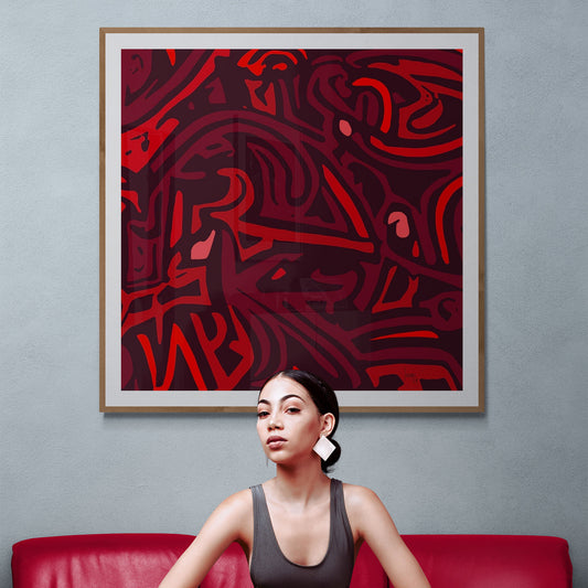 Mon tableau abstrait "Les Braises" exposé dans une galerie d'art - Tirage d'art premium, parfait pour une décoration chaleureuse et contemporaine