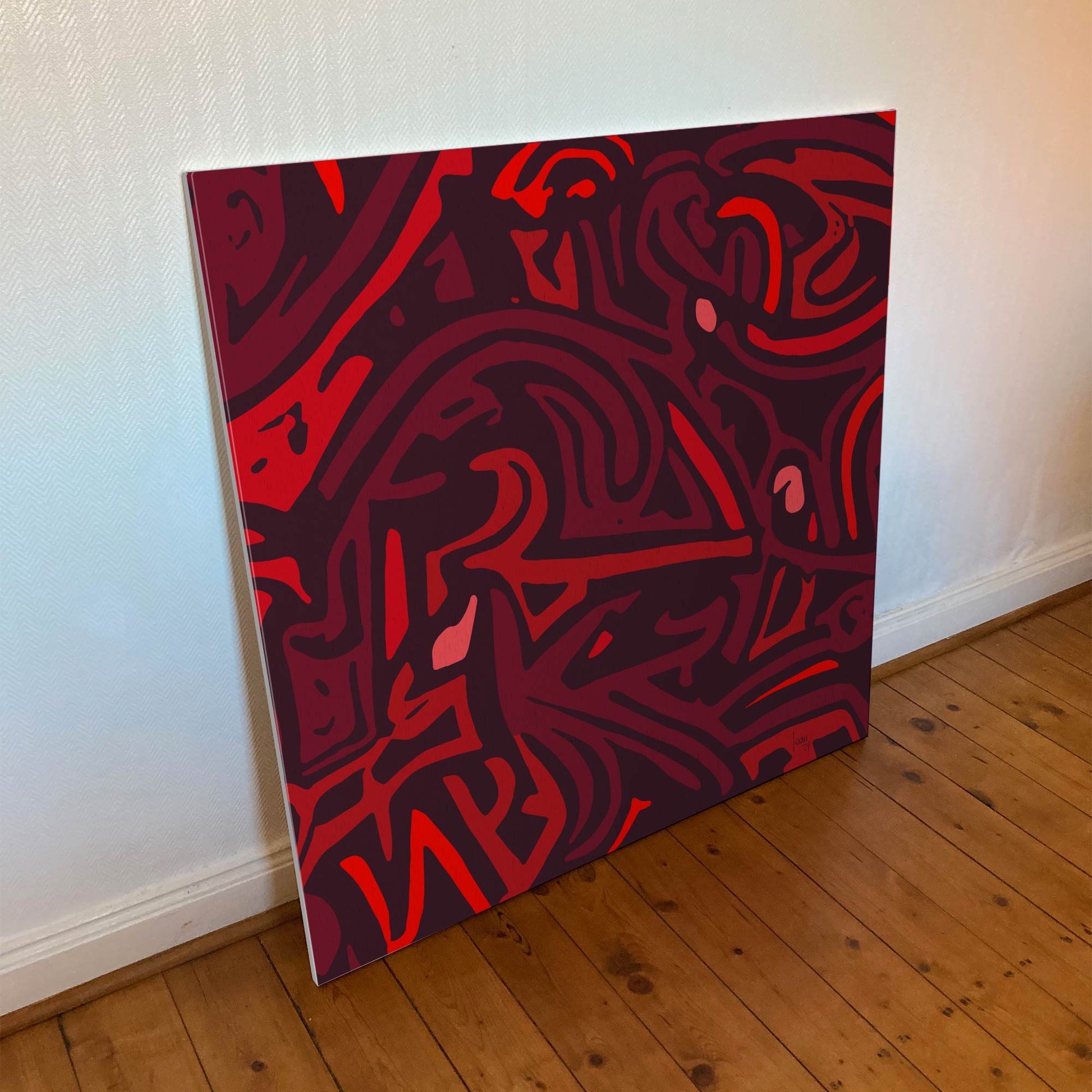 "Les Braises" tirage d'art sur toile et châssis bois, 100x100cm, toile haut de gamme. Art contemporain abstrait et achat en ligne, format carré des braises rouges qui se consument