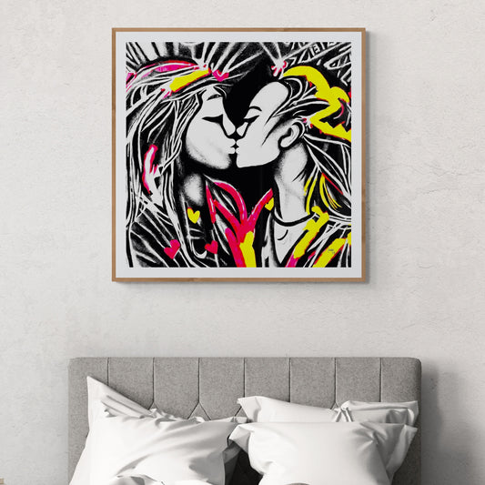 Mon oeuvre "Artémis et Callisto" encadrée, art contemporain exposé dans une chambre à coucher