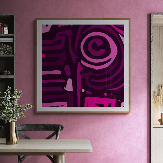 Tableau abstrait "The Pink Lemonade" exposé dans un salon moderne - Tirage artistique encadré haut de gamme pour une décoration colorée et élégante