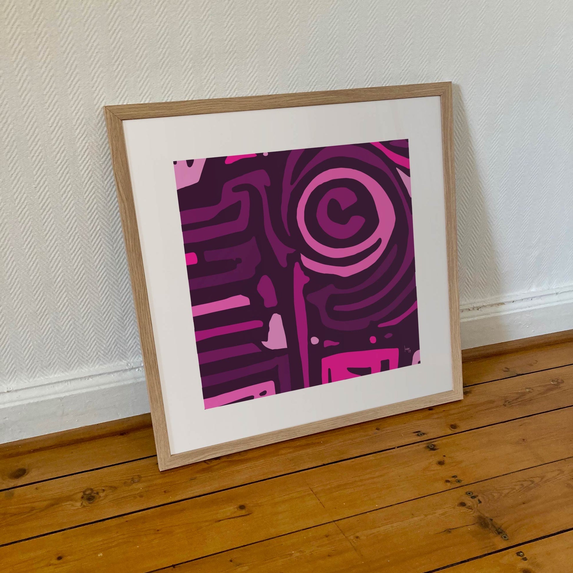 "The Pink Lemonade" tirage d'art encadré 50x50cm, papiers haut de gamme. Art contemporain abstrait et achat en ligne des volutes rose