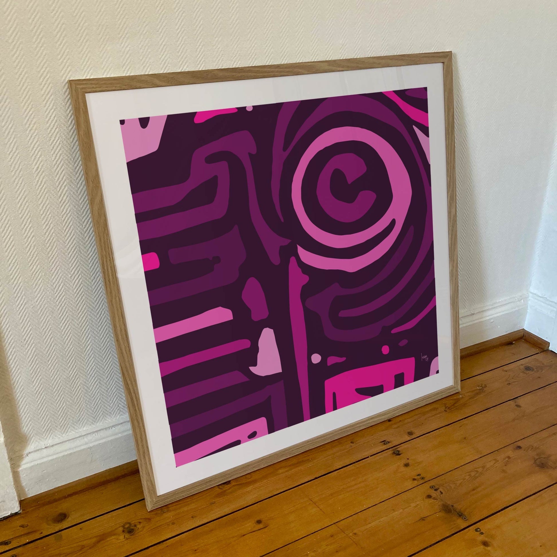 "The Pink Lemonade" tirage d'art encadré 70x70cm, papiers haut de gamme. Art contemporain abstrait et achat en ligne des volutes rose