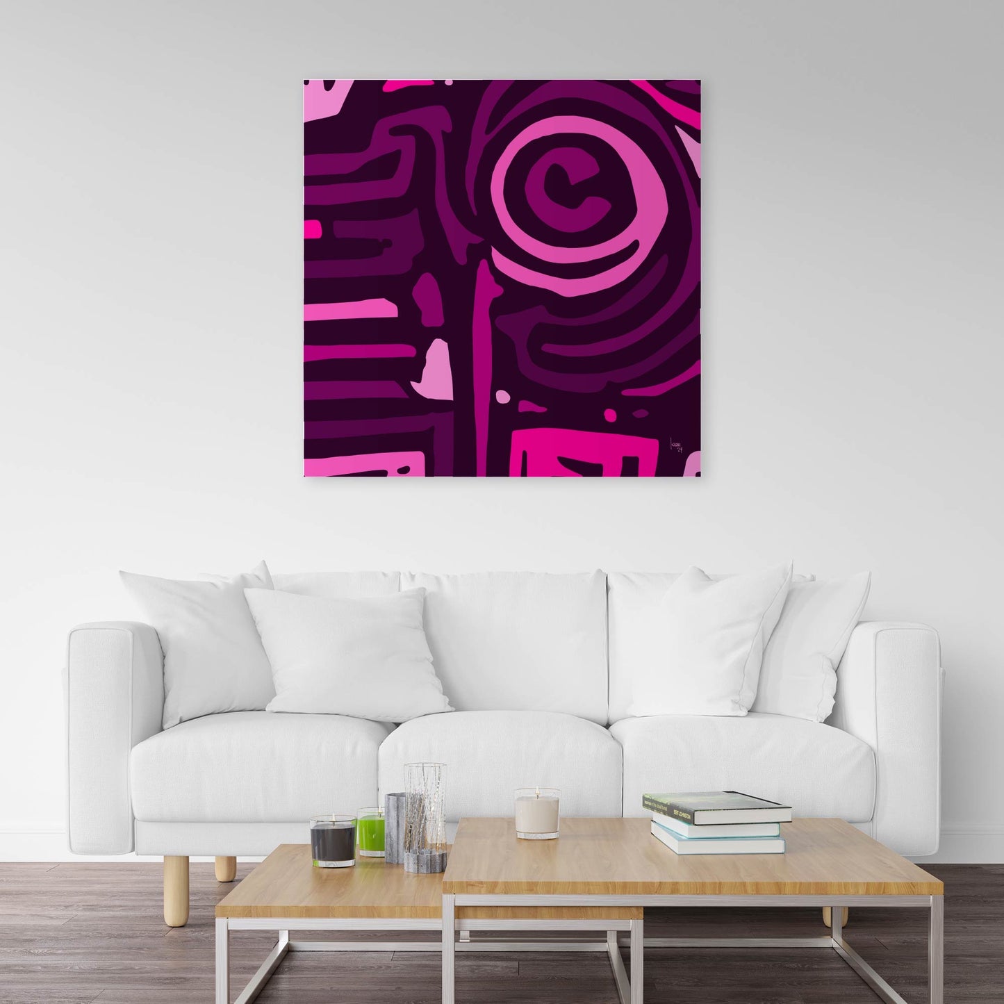 "The Pink Lemonade" tirage d'art haut de gamme. Art contemporain abstrait et achat en ligne des volutes rose exposé dans un séjour