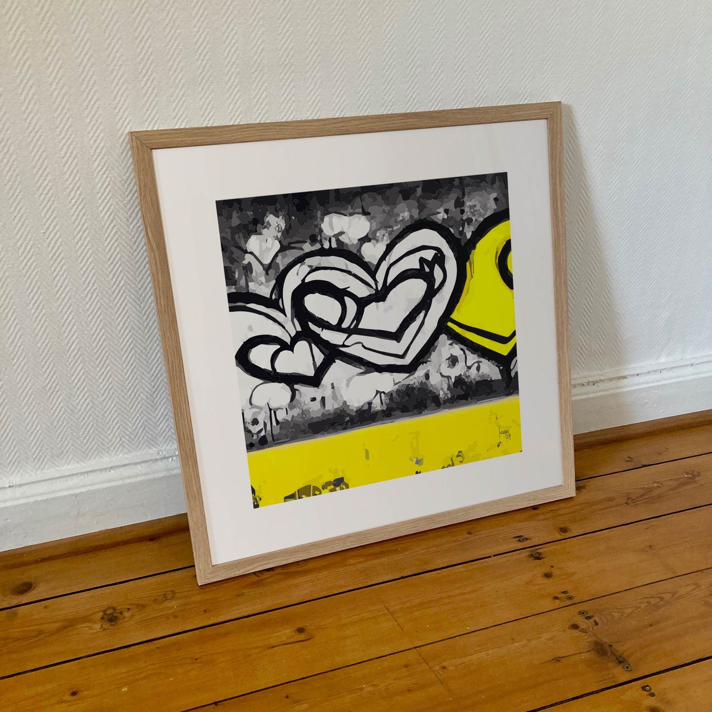 "Itérations" tirage d'art encadré 50x50cm, sur papier haut de gamme. Art contemporain abstrait et achat en ligne. Coeurs noirs et jaunes