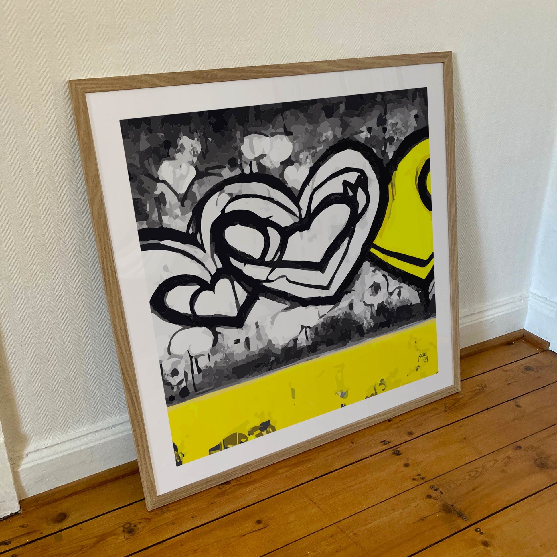 "Itérations" tirage d'art encadré 70x70cm, sur papier haut de gamme. Art contemporain abstrait et achat en ligne. Coeurs noirs et jaunes