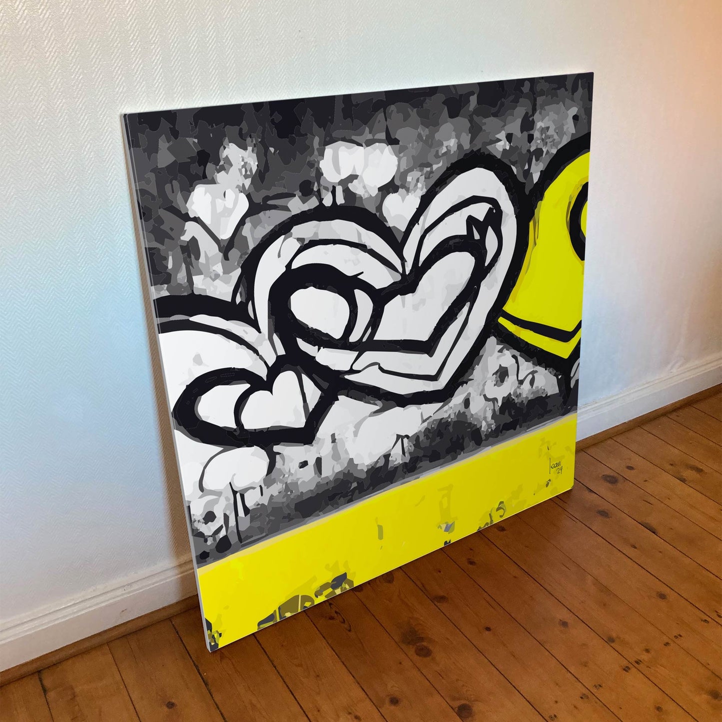 "Itérations" tirage d'art sur toile et châssis 100x100cm, papier haut de gamme. Art contemporain abstrait et achat en ligne. Coeurs noirs et jaunes