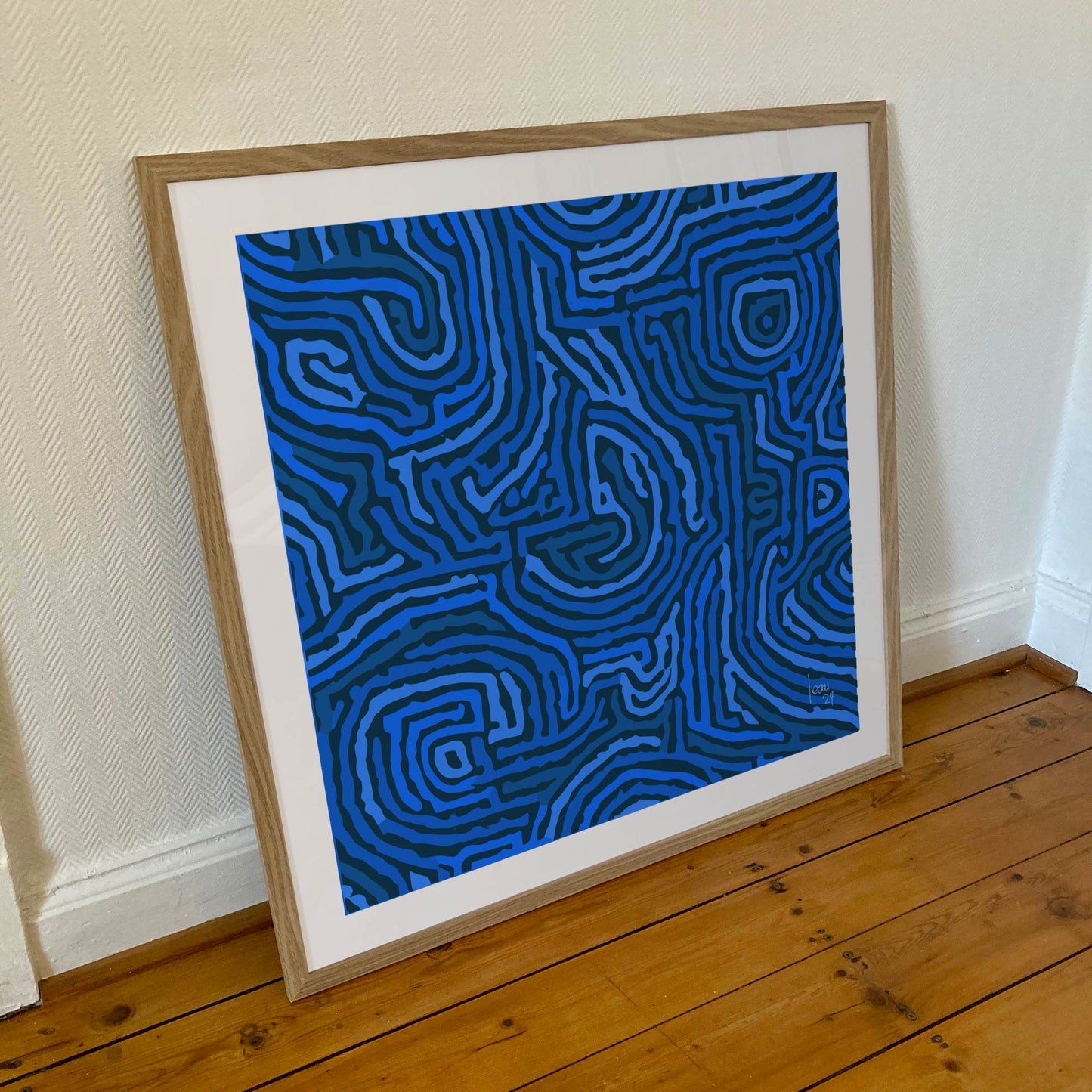 "Blue Stream" tirage d'art sous cadre 70x70cm. Art contemporain abstrait achat en ligne