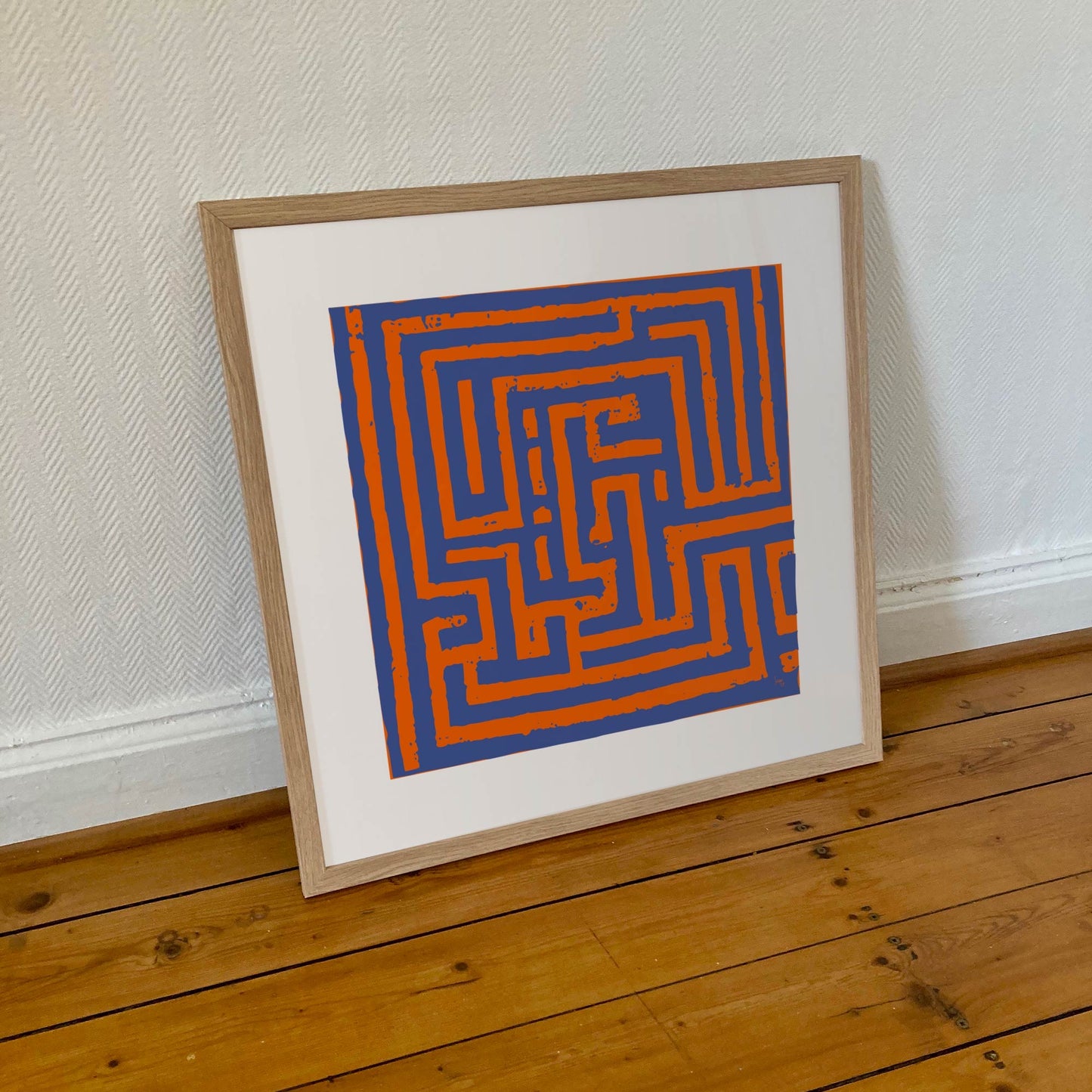 "Imbroglio" tirage d'art encadré 50x50cm, tirage haut de gamme. Art contemporain abstrait et achat en ligne, labyrinthe carré orange et bleu