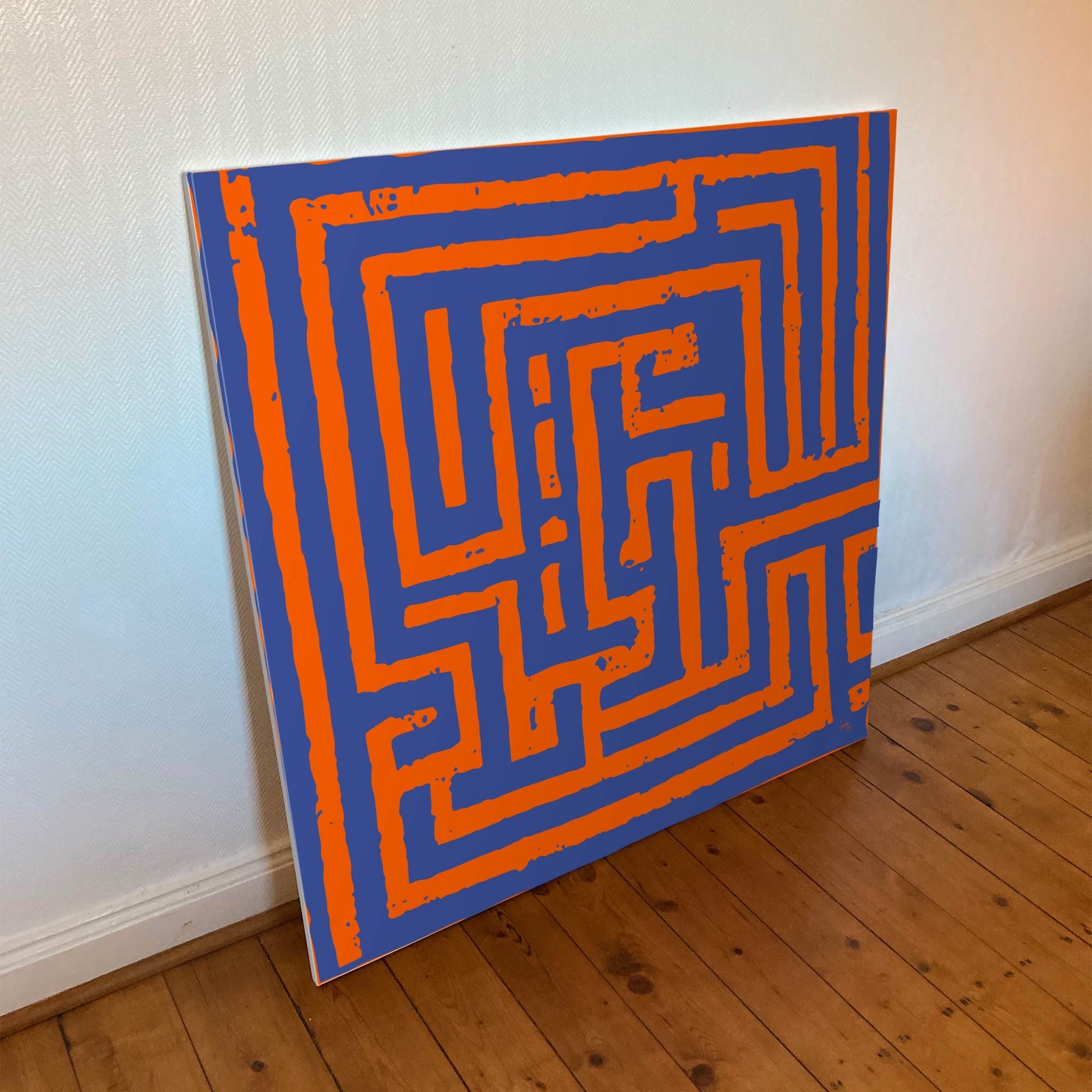 "Imbroglio" tirage d'art sur toile et châssis bois 100x100cm, tirage haut de gamme. Art contemporain abstrait et achat en ligne, labyrinthe carré orange et bleu