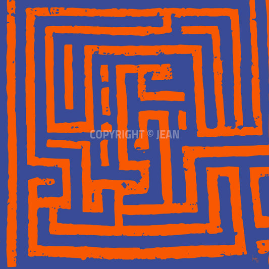 "Imbroglio" tirage d'art haut de gamme. Art contemporain abstrait et achat en ligne, labyrinthe carré orange et bleu