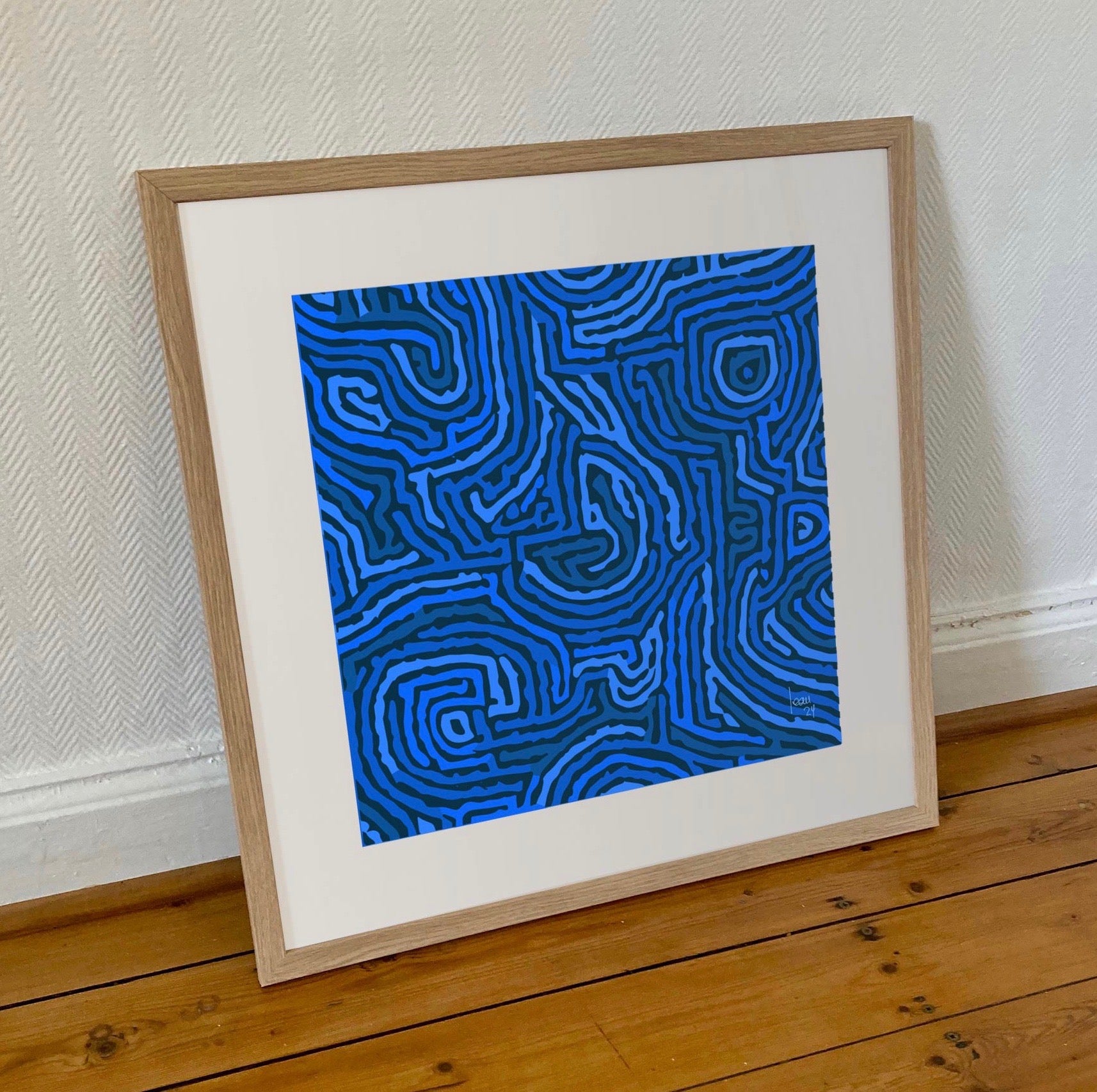 "Blue Stream" tirage d'art sous cadre 50x50cm. Art contemporain abstrait, achat en ligne