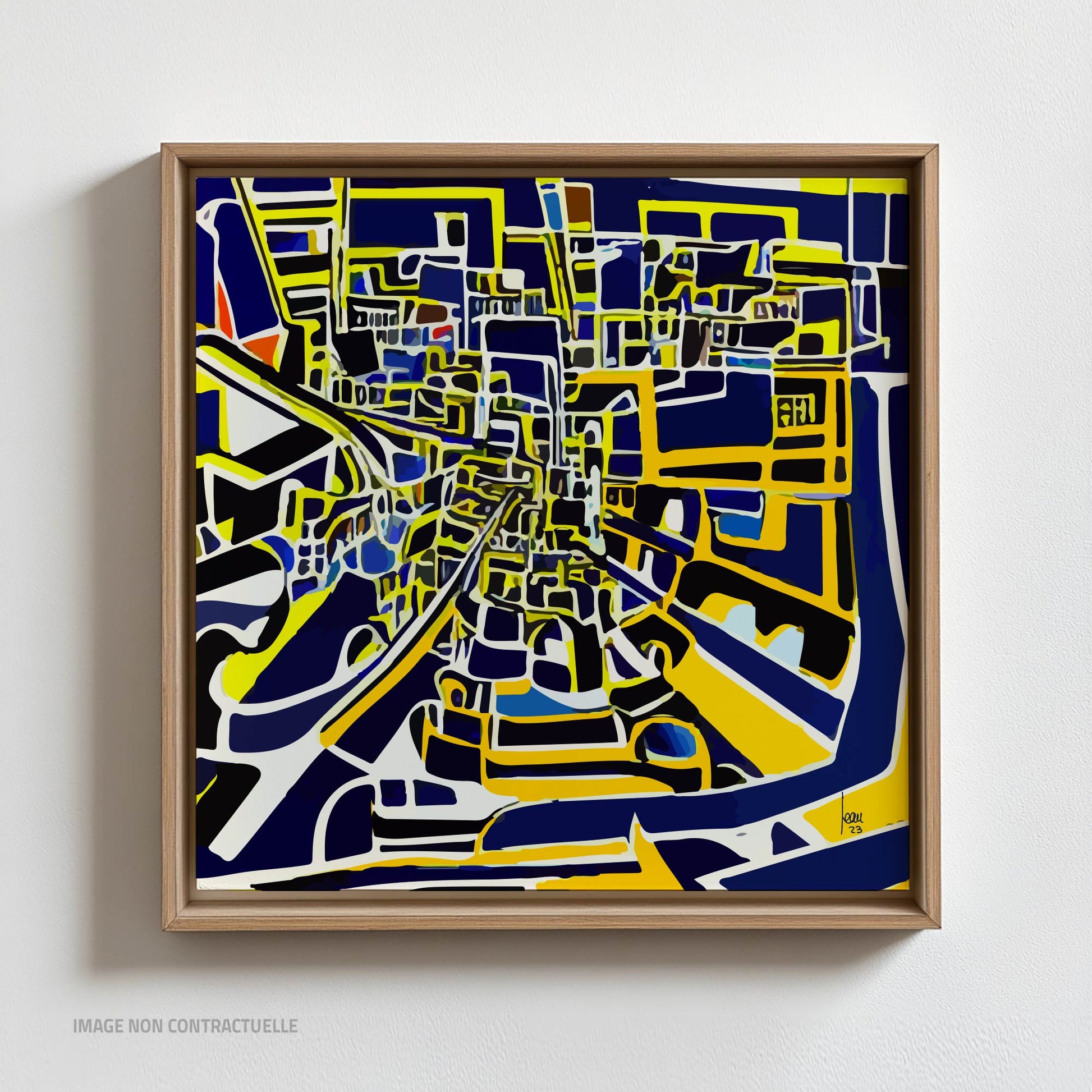 Le Centre Ville - tirage d'art sur caisse américaine 110x110 cm, art contemporain abstrait d'un labyrinthe urbain aux couleurs bleues et jaunes