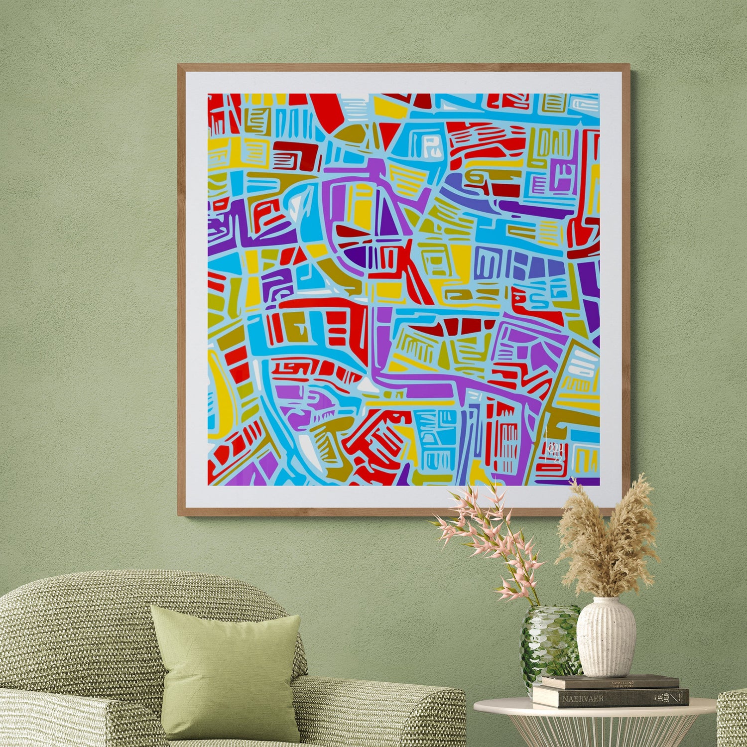 Mon oeuvre abstraite "La Ville Bleue" encadré dans un salon - Tirage d'art premium parfait pour une décoration élégante