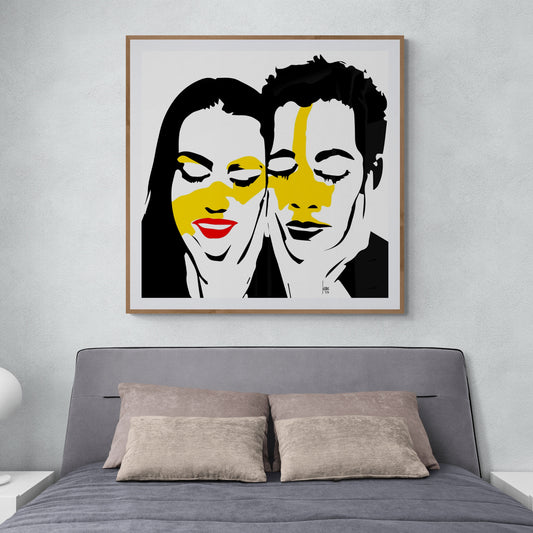 Mise en situation de mon œuvre "Connexions", tirage d'art abstrait et encadré, exposé dans une chambre