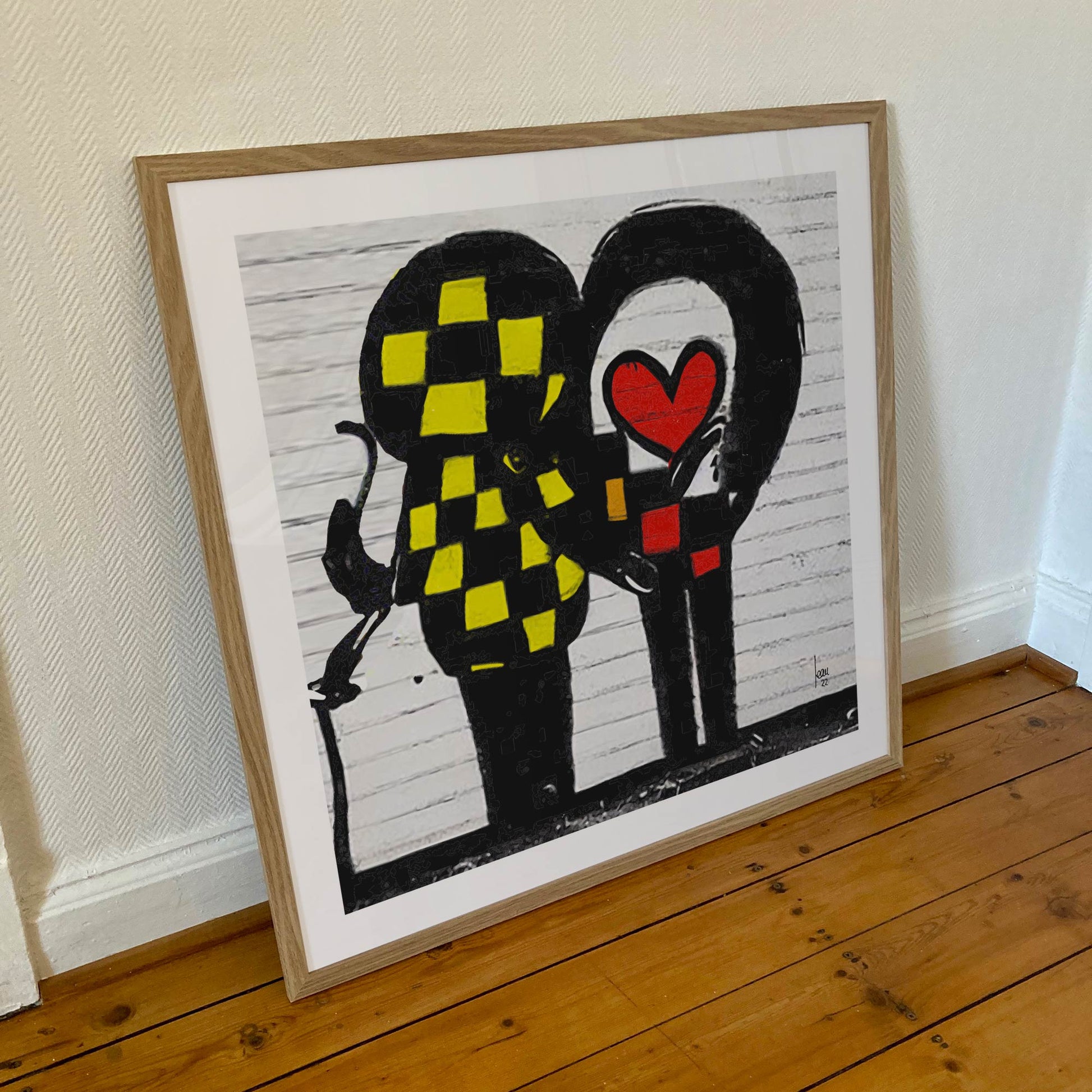 "Her and Him" tirage d'art sous cadre 70x70cm tirage haut de gamme. Couple de personnages colorés jaune rouge. Art contemporain abstrait et achat en ligne