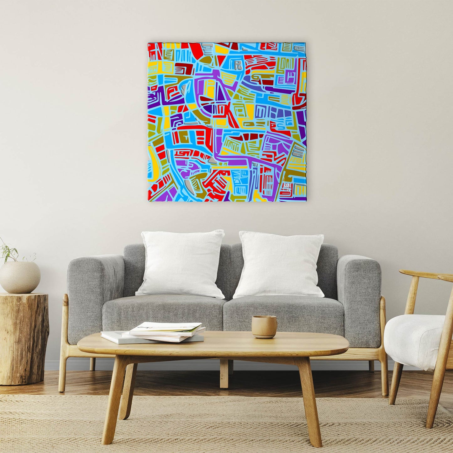 "La Cité Bleue" tirage d'art sur toile et Châssis 100x100cm, papier haut de gamme. Art contemporain abstrait et achat en ligne. Labyrinthe coloré dans un séjour